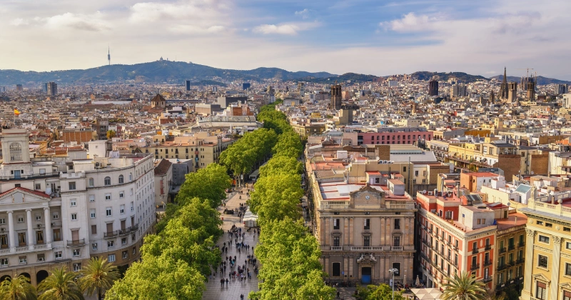 Aerial view of Barcelona with the tree-lined La Rambla boulevard