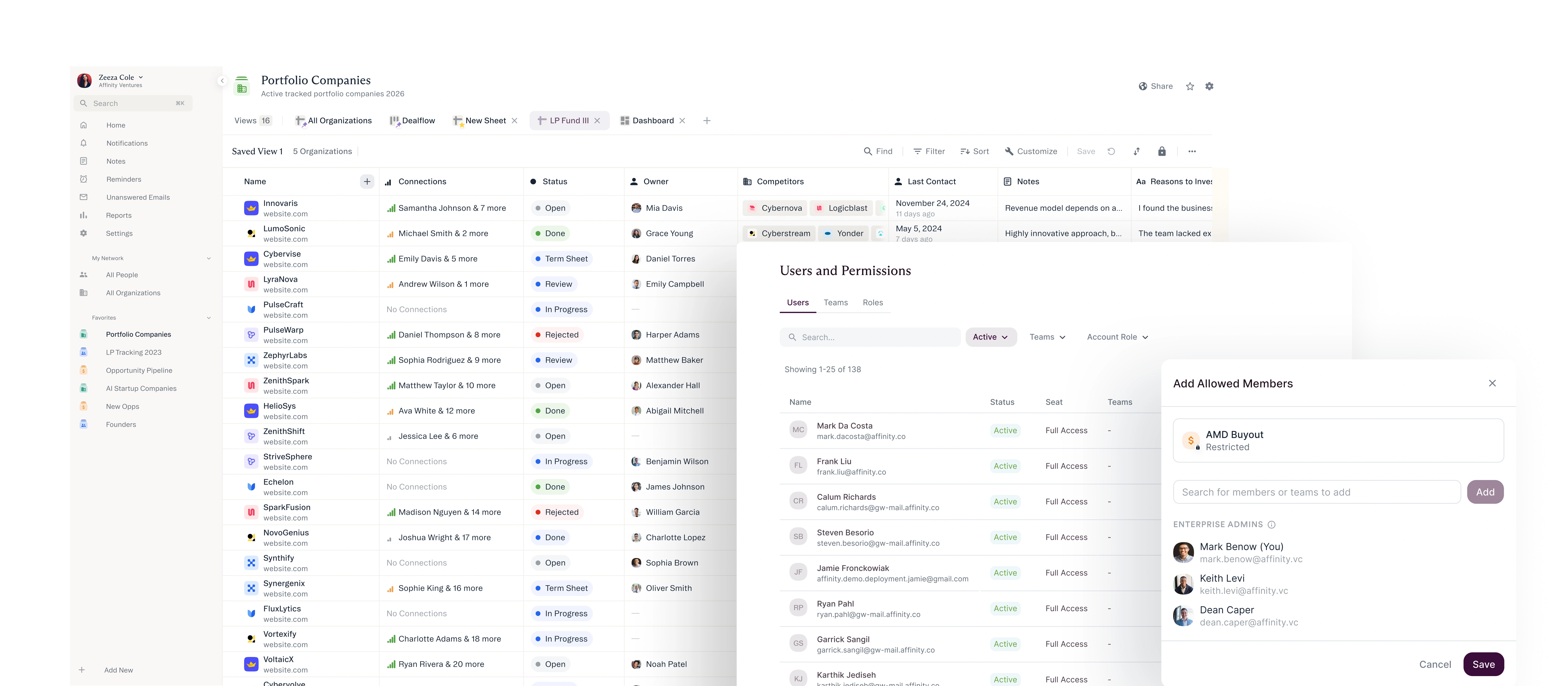 Affinity portfolio companies list with users and permissions settings and an add allowed members dialog