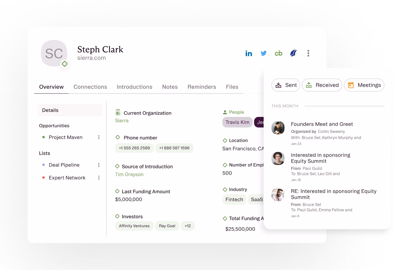 Affinity contact profile for Steph Clark with details, funding data, and recent emails and meetings