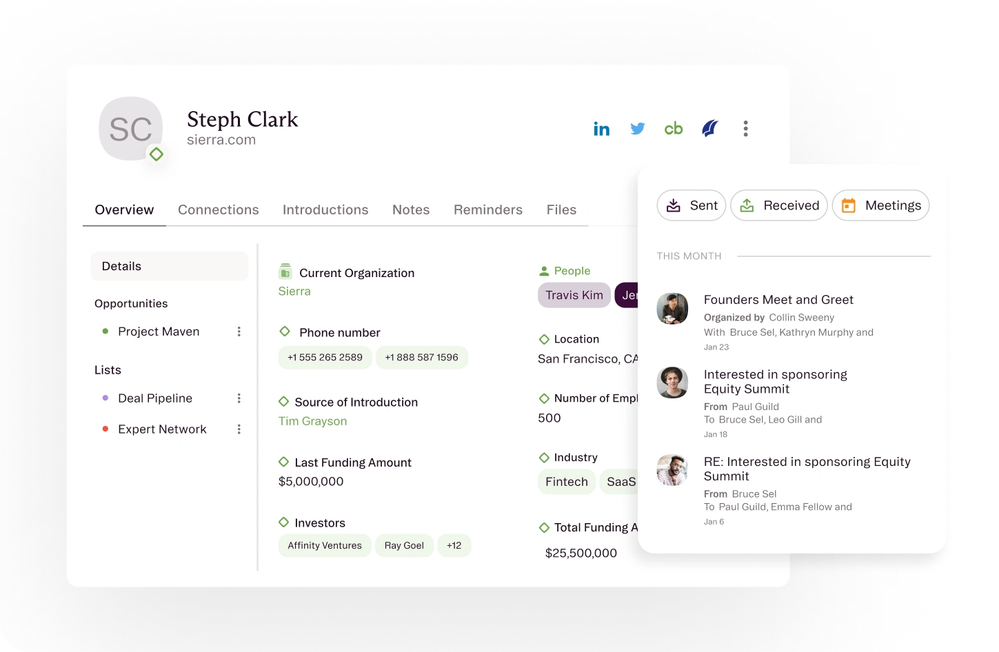 Affinity contact profile for Steph Clark with details, funding data, and recent emails and meetings