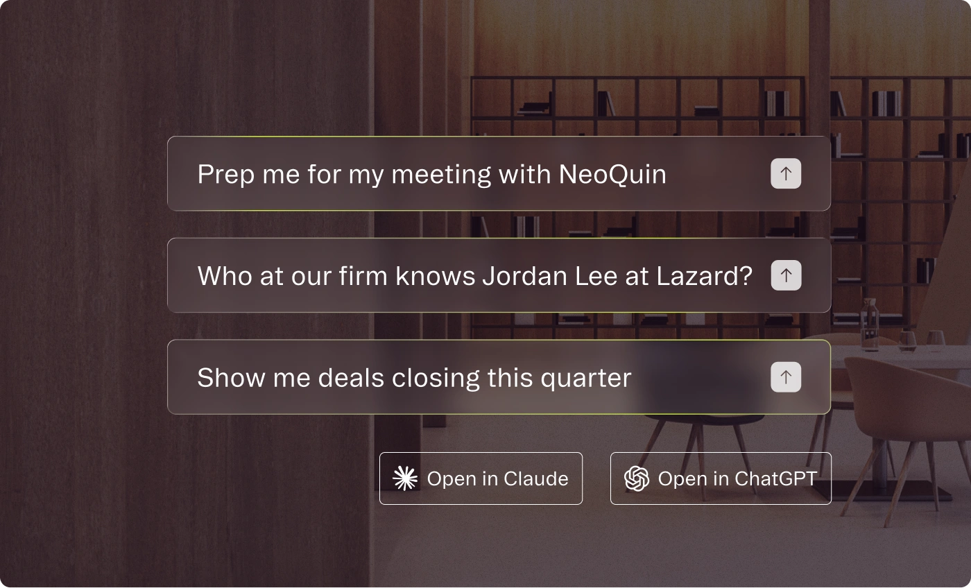 Affinity chat prompts for meeting prep and deal queries, with options to open in Claude or ChatGPT