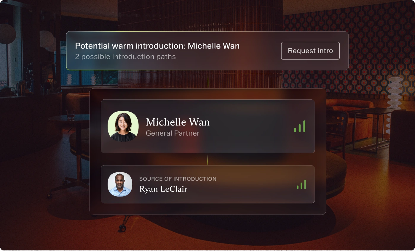 Warm Intro Agent showing a potential introduction path to a general partner