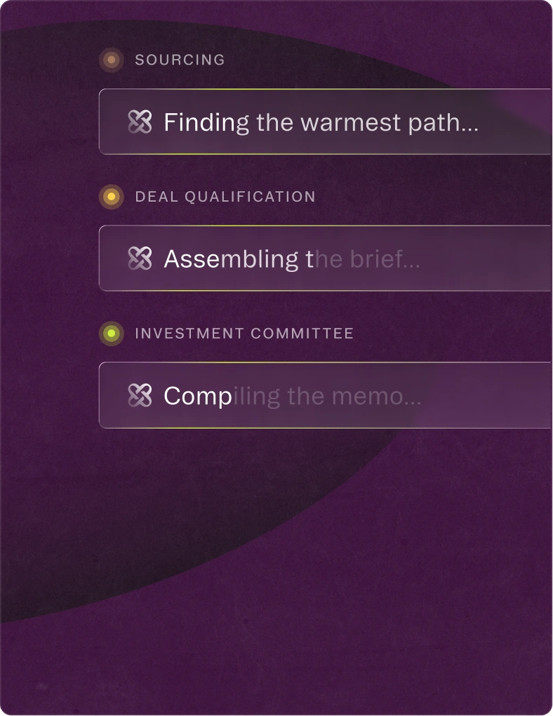 Affinity AI drafting outputs across deal stages: sourcing, deal qualification, and investment committee