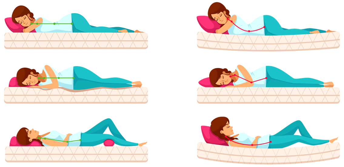 a woman laying on a bed with four different positions