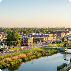 Small town riverside with buildings, roads, trees, and a bridge under a clear sky.