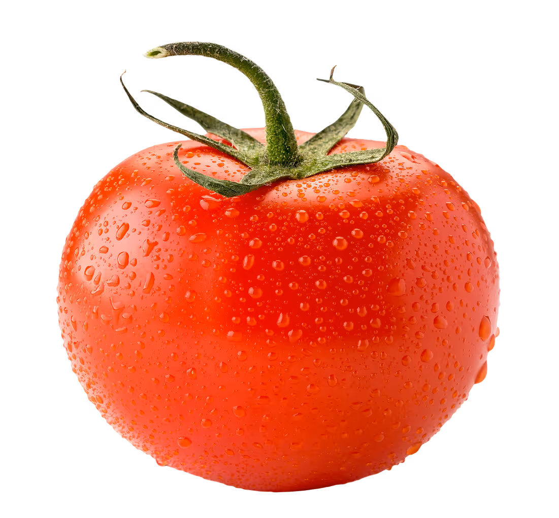 Fresh red tomato with green stem covered in water droplets on black background.