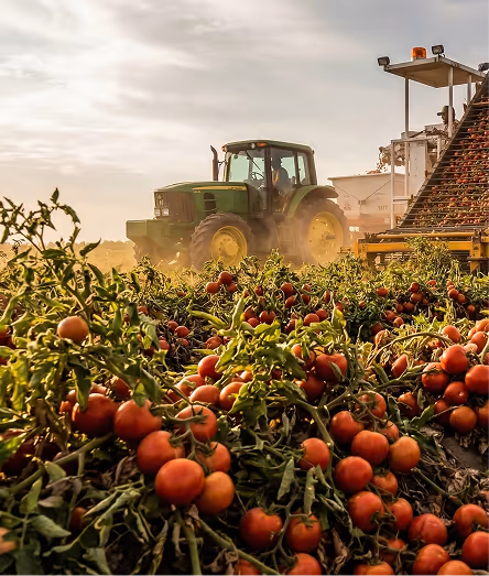 Green tractor and harvesting equipment collecting ripe red tomatoes in a dusty field at sunset.