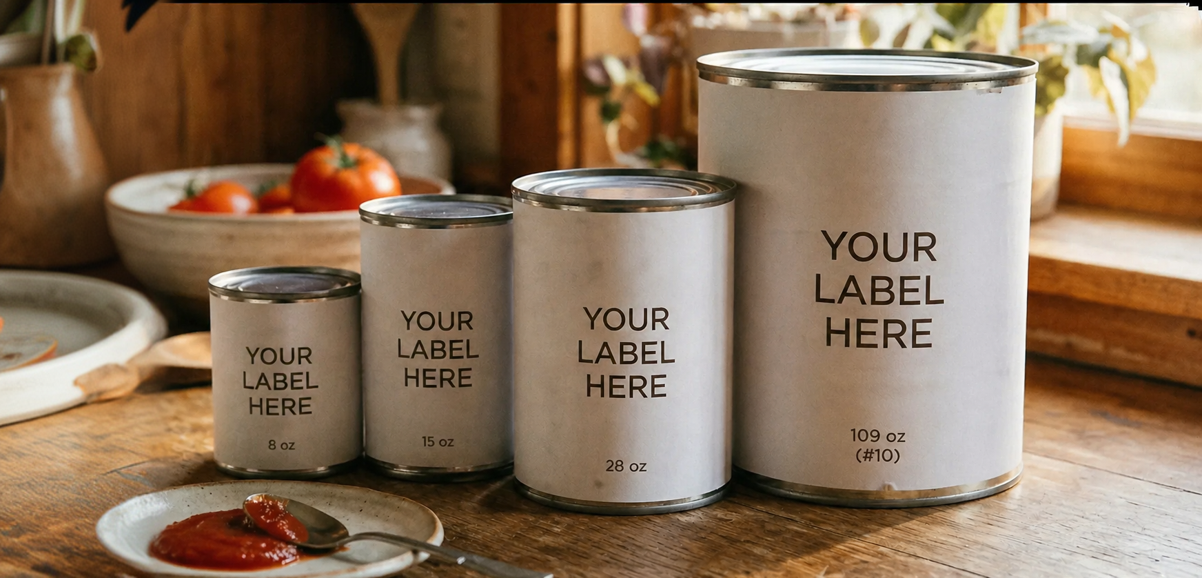 Four metal cans of varying sizes labeled 'YOUR LABEL HERE' arranged from smallest to largest on a wooden table with a spoon and tomato sauce on a plate in front.
