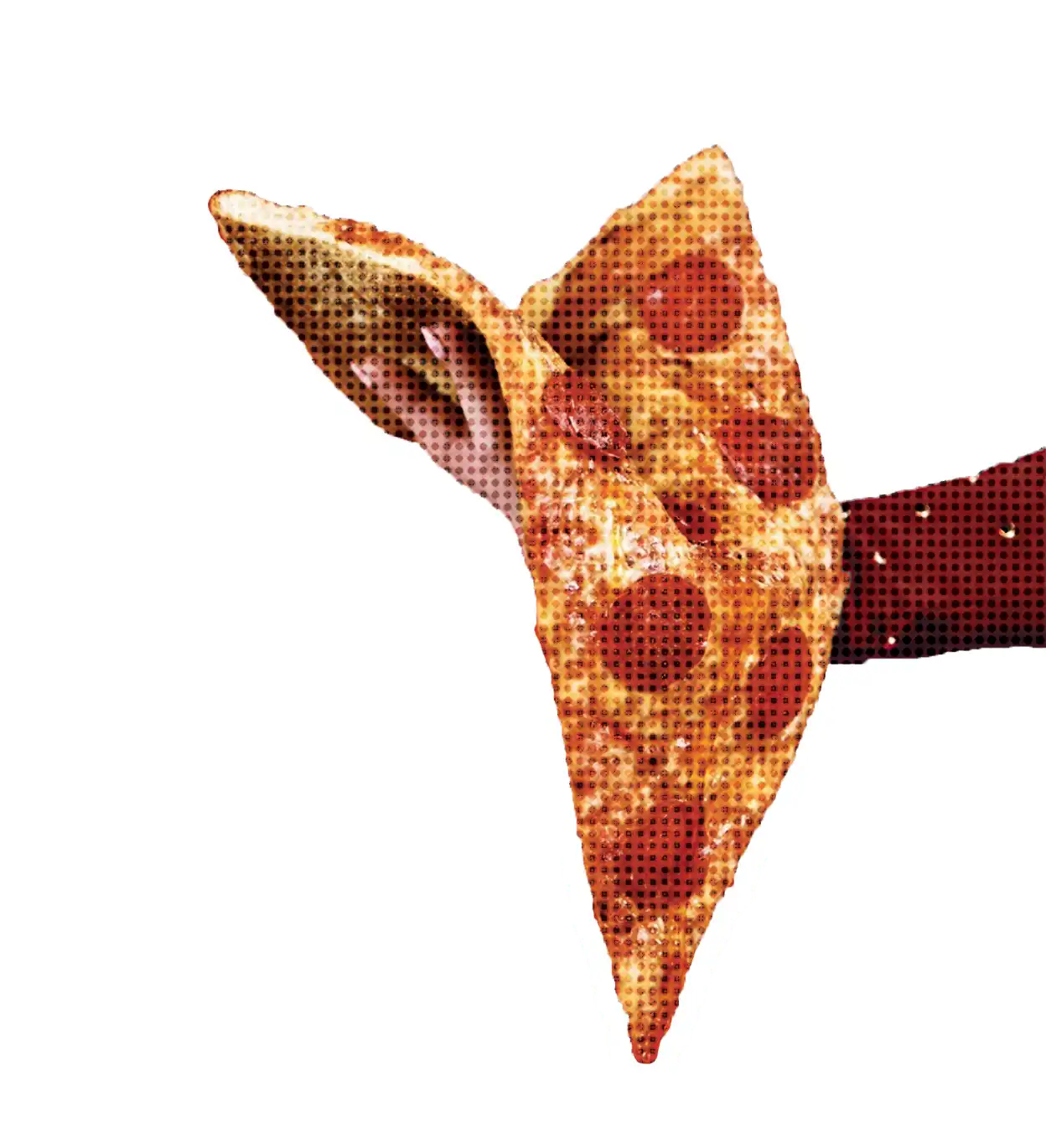 Hand holding two large slices of pepperoni pizza with melted cheese.