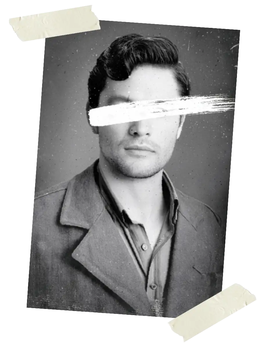 Black and white portrait of a man with hair styled, face obscured by a white brushstroke.