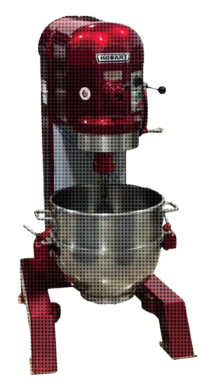Red Hobart industrial stand mixer with large stainless steel mixing bowl.