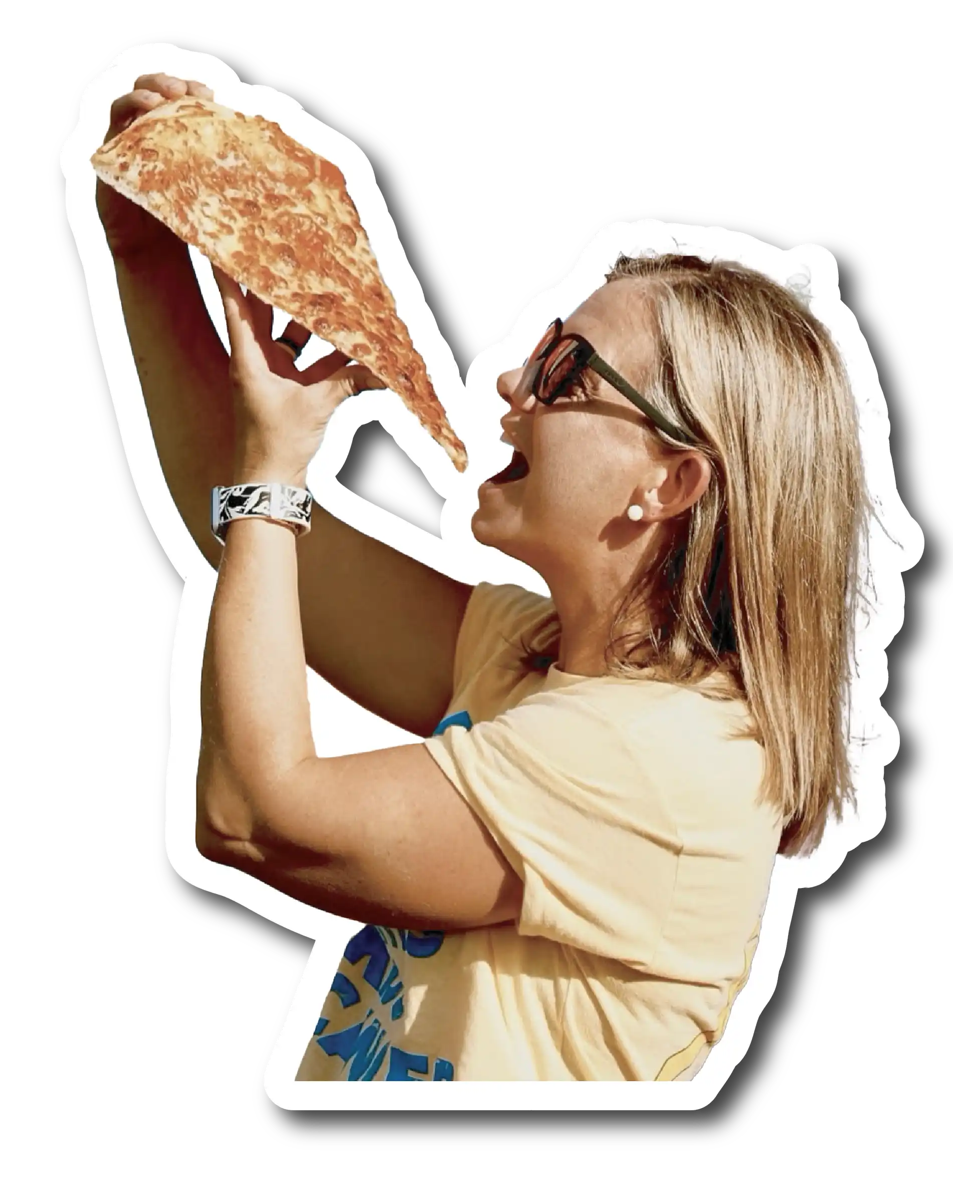 Woman wearing sunglasses holding a large slice of cheese pizza near her open mouth.