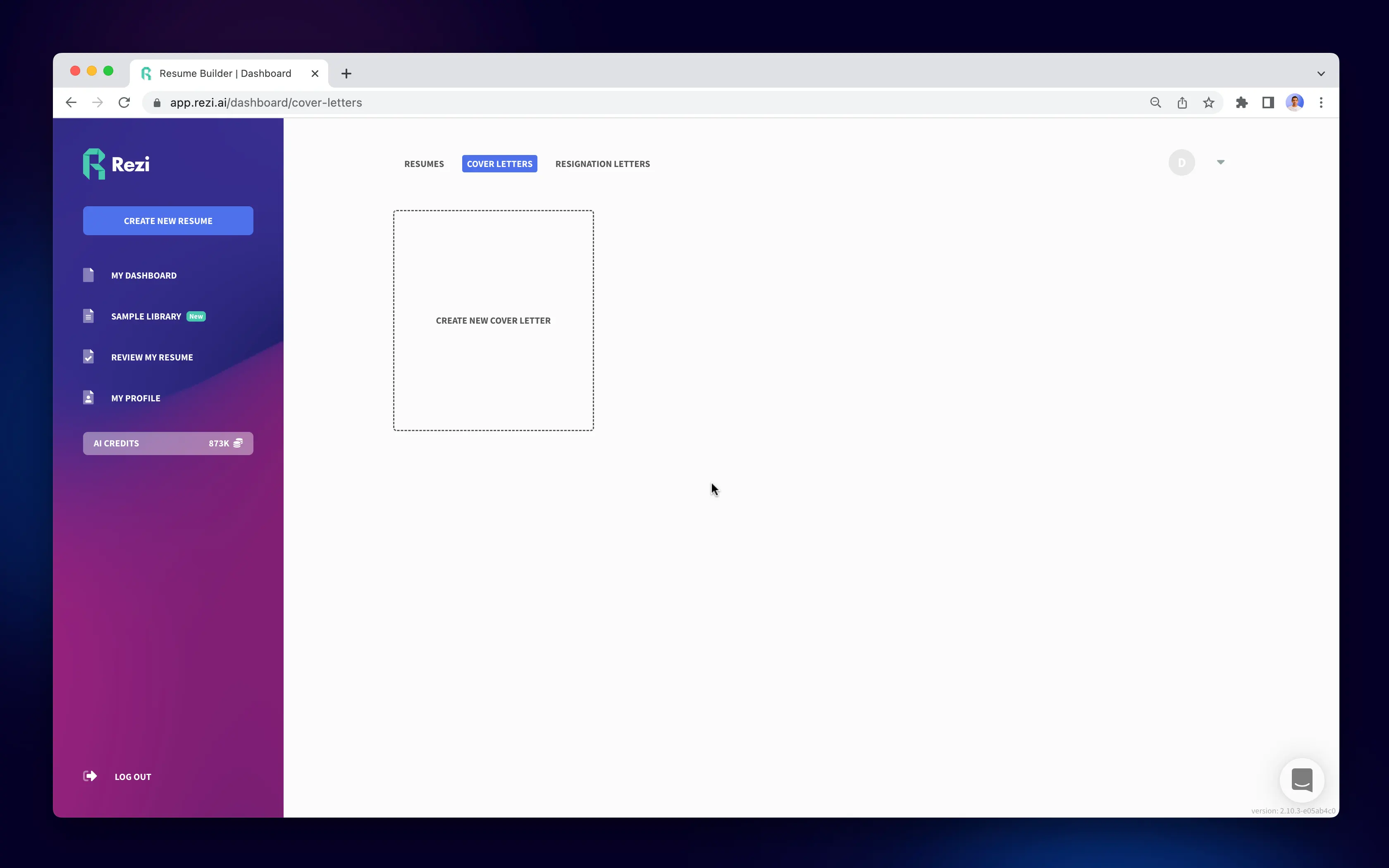 cover letter dashboard