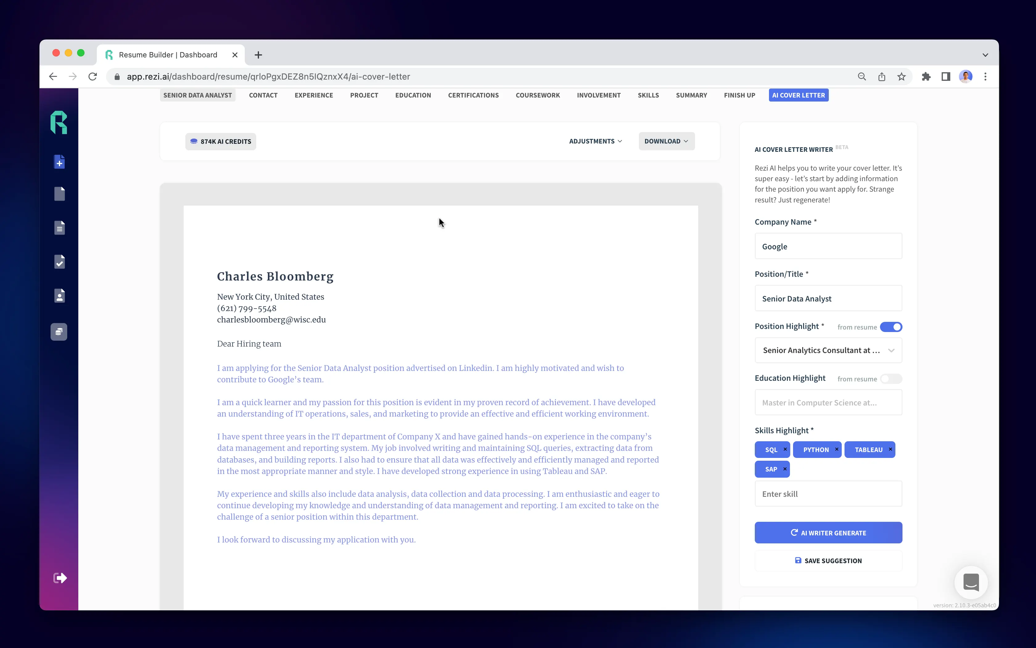 rezi ai cover letter generator