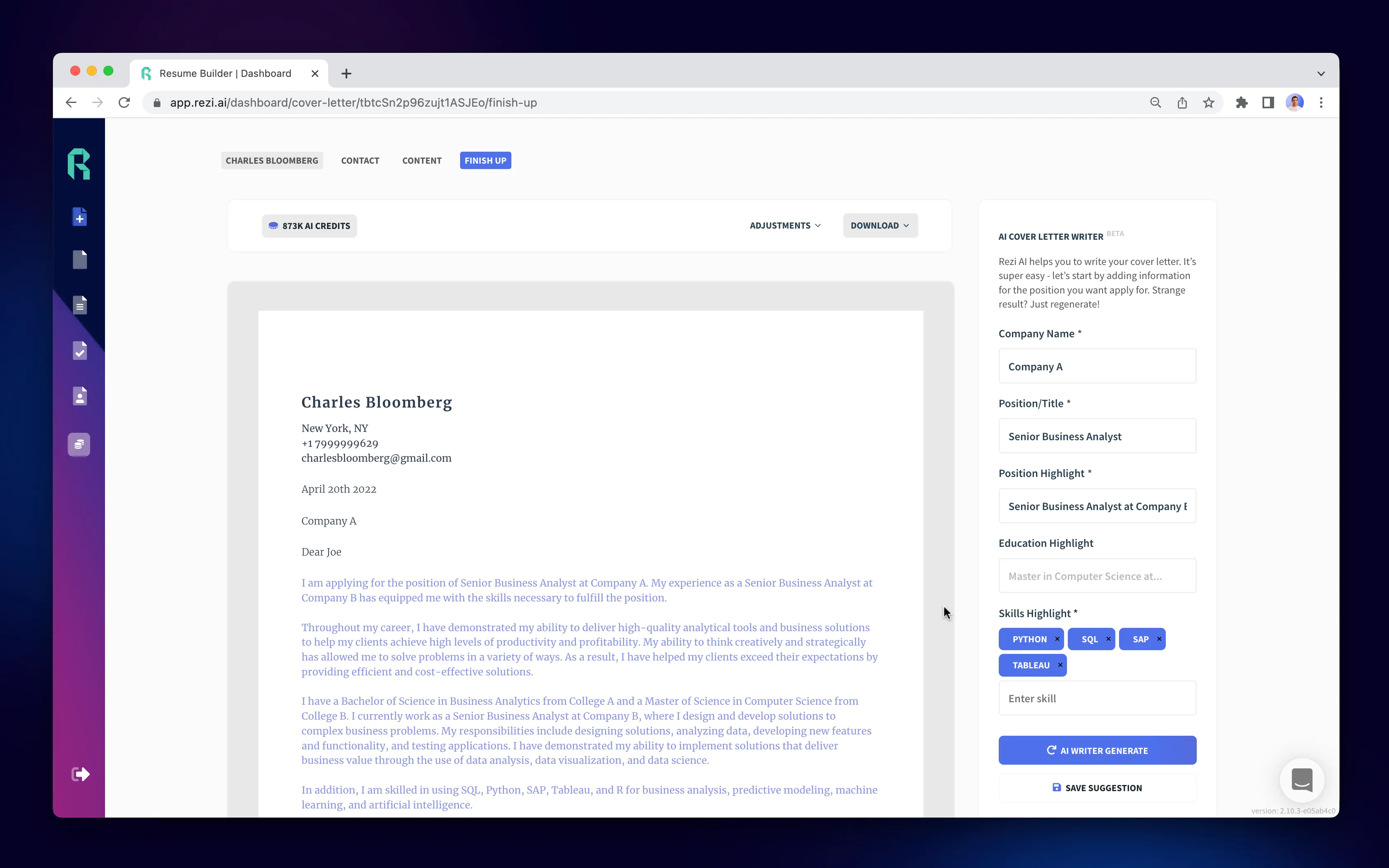 Cover letter generated with ai