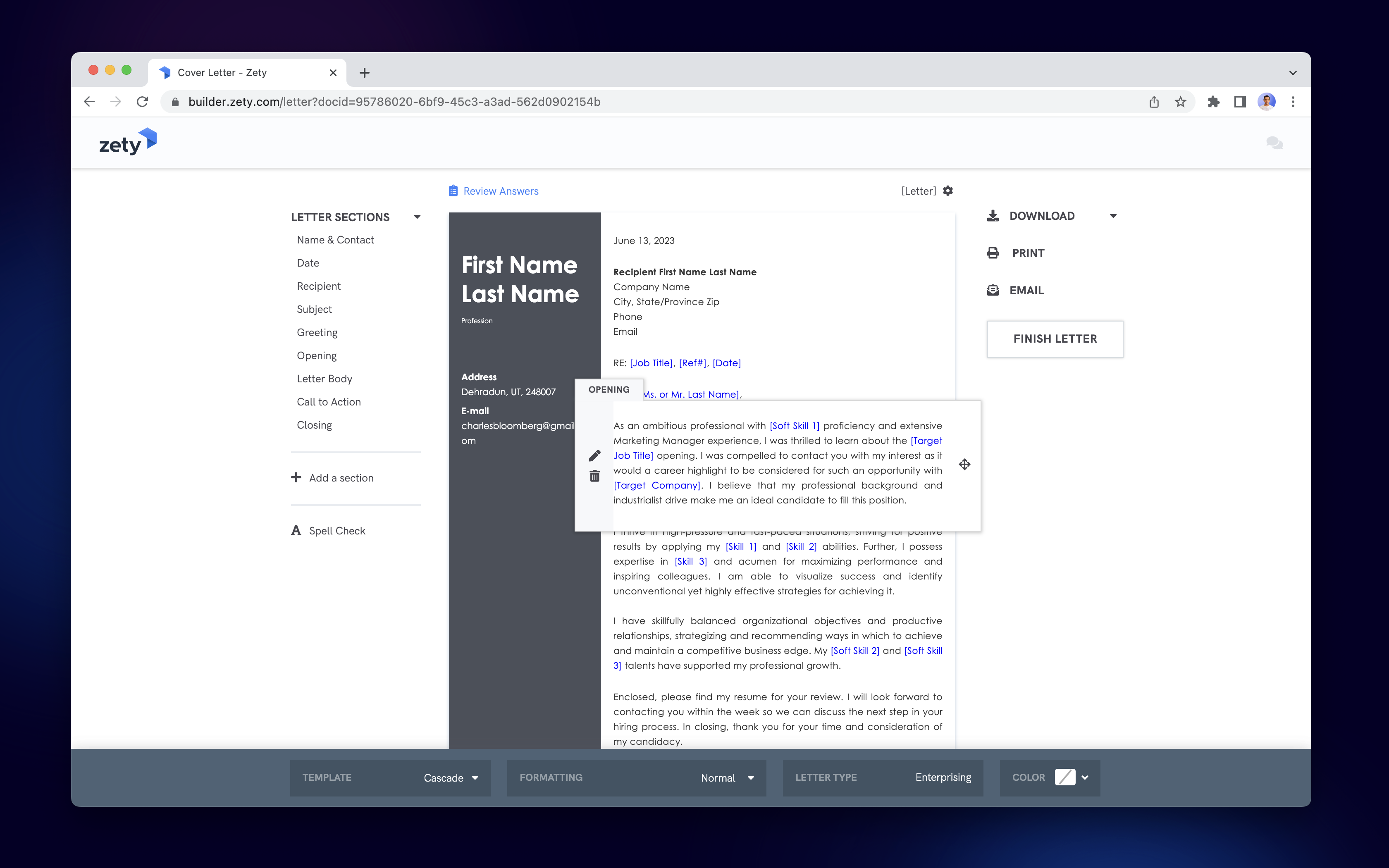 Zety Cover Letter builder