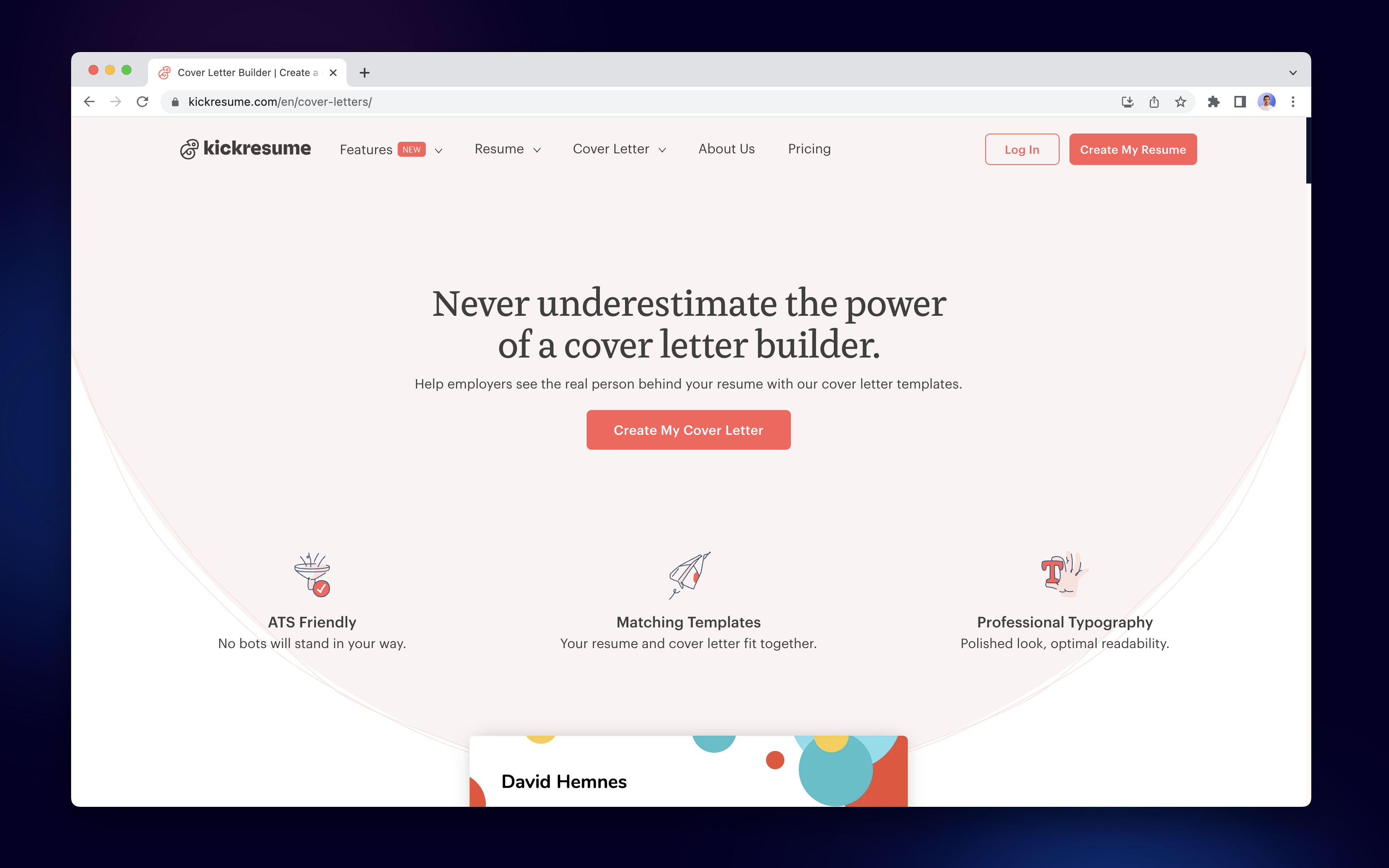 kickresume cover letter builder