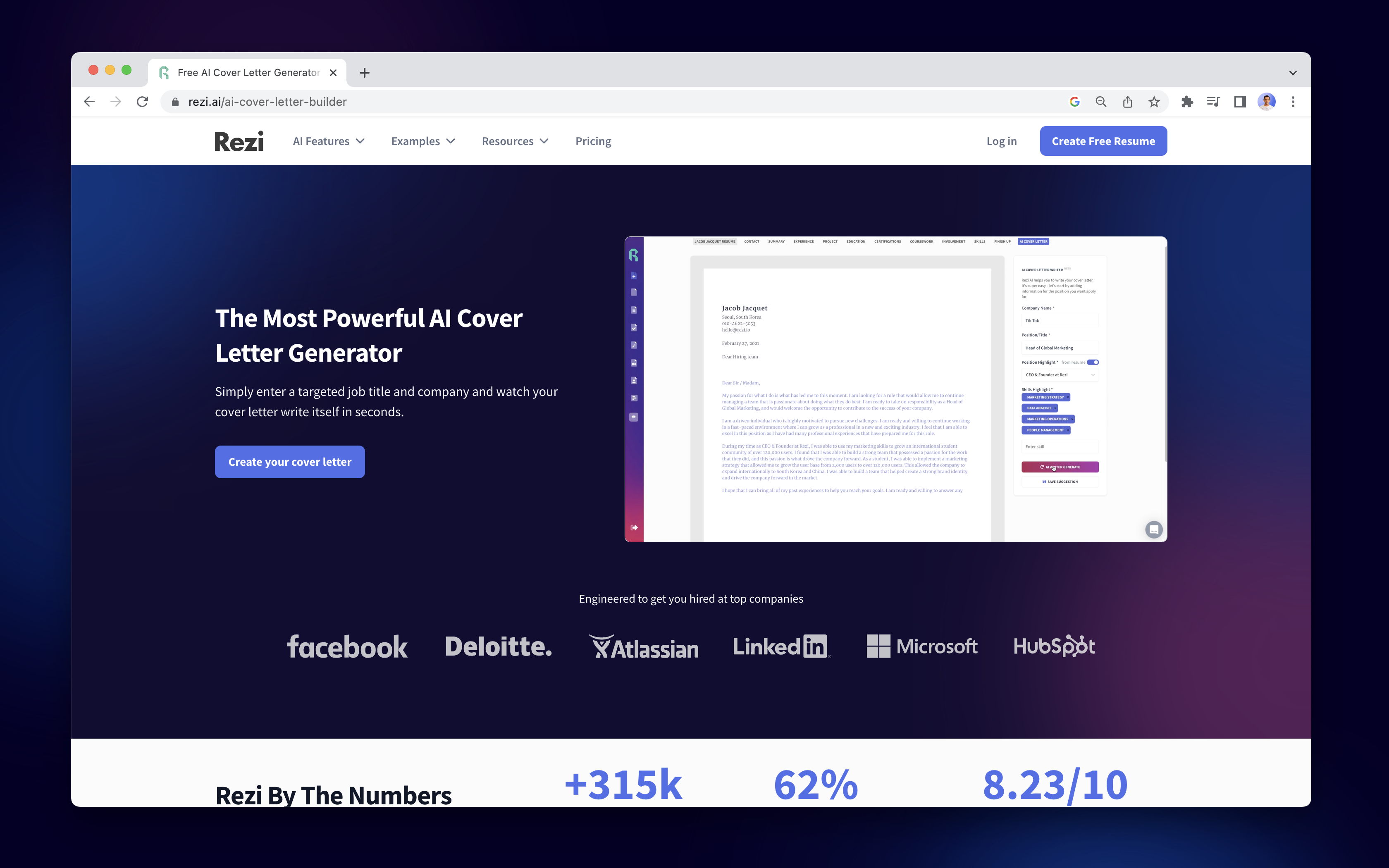 Rezi cover letter builder