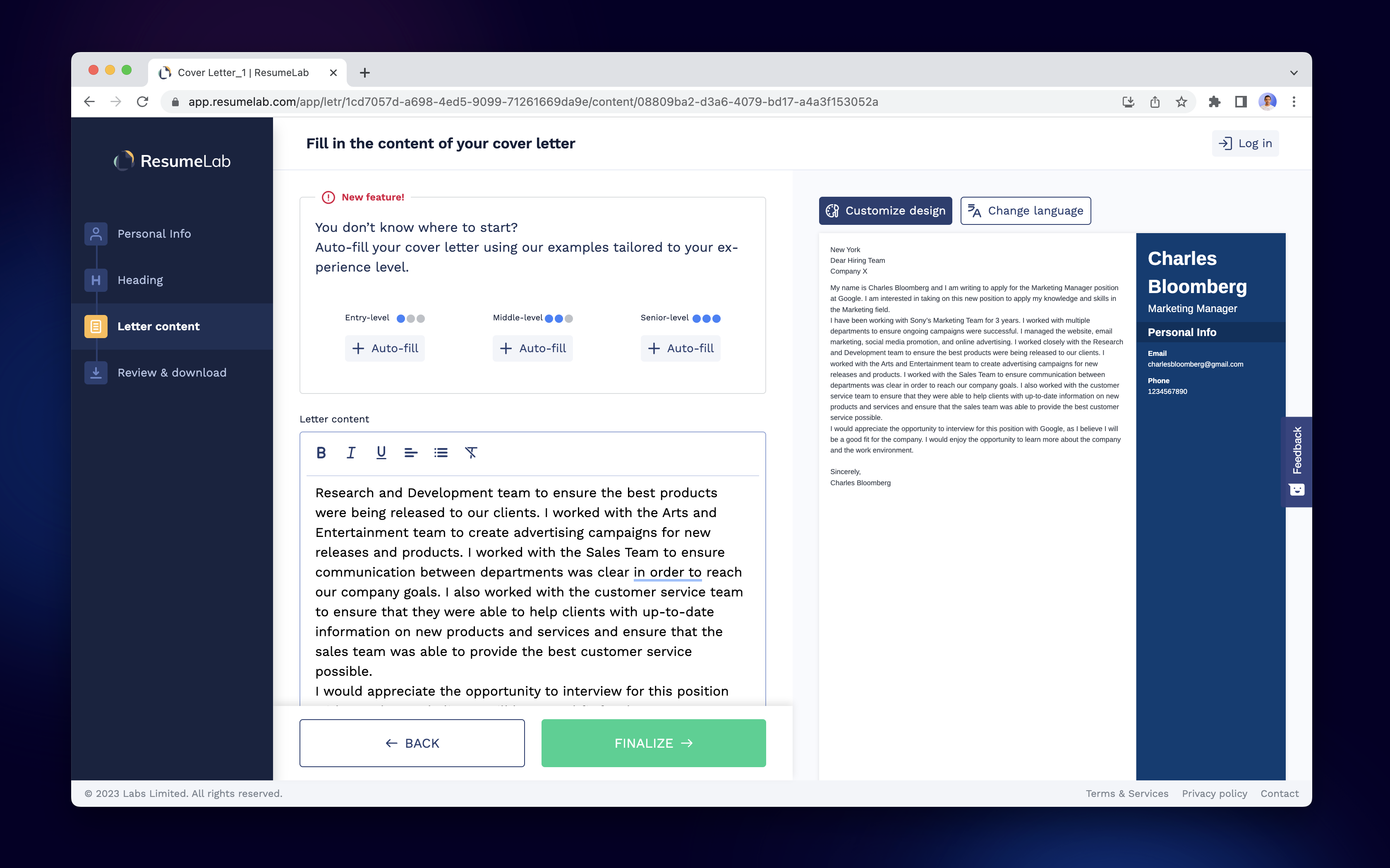 resumelab cover letter builder