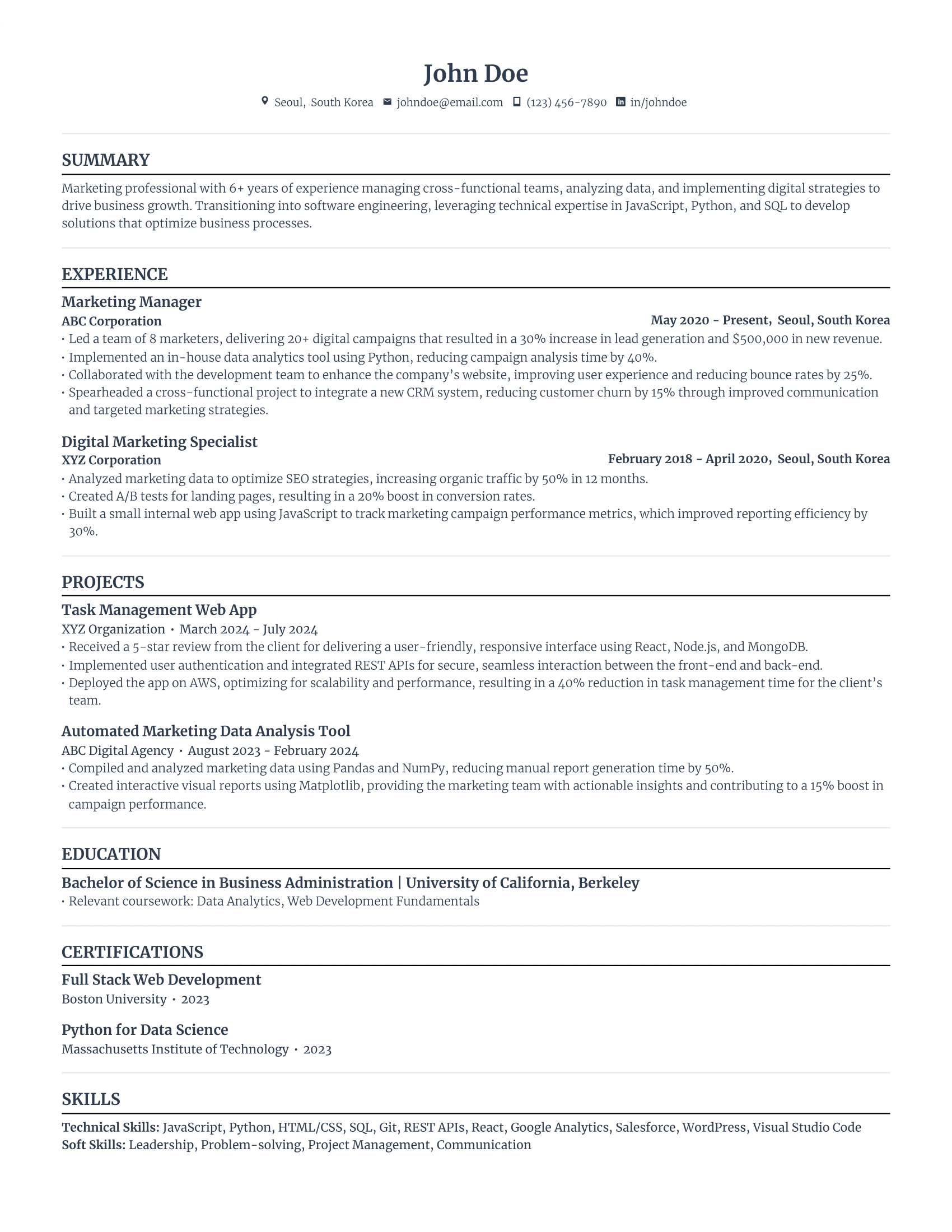 Standard career change resume template