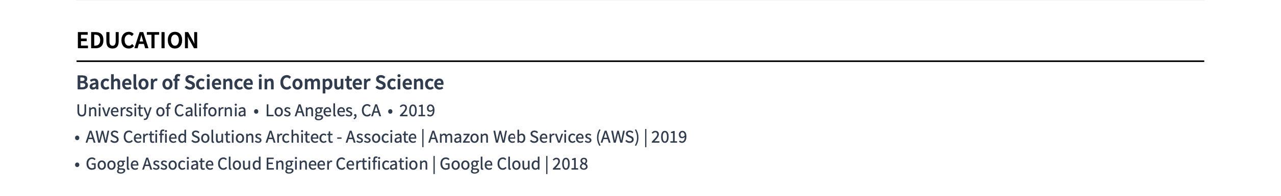 education section in a cloud engineer’s resume: