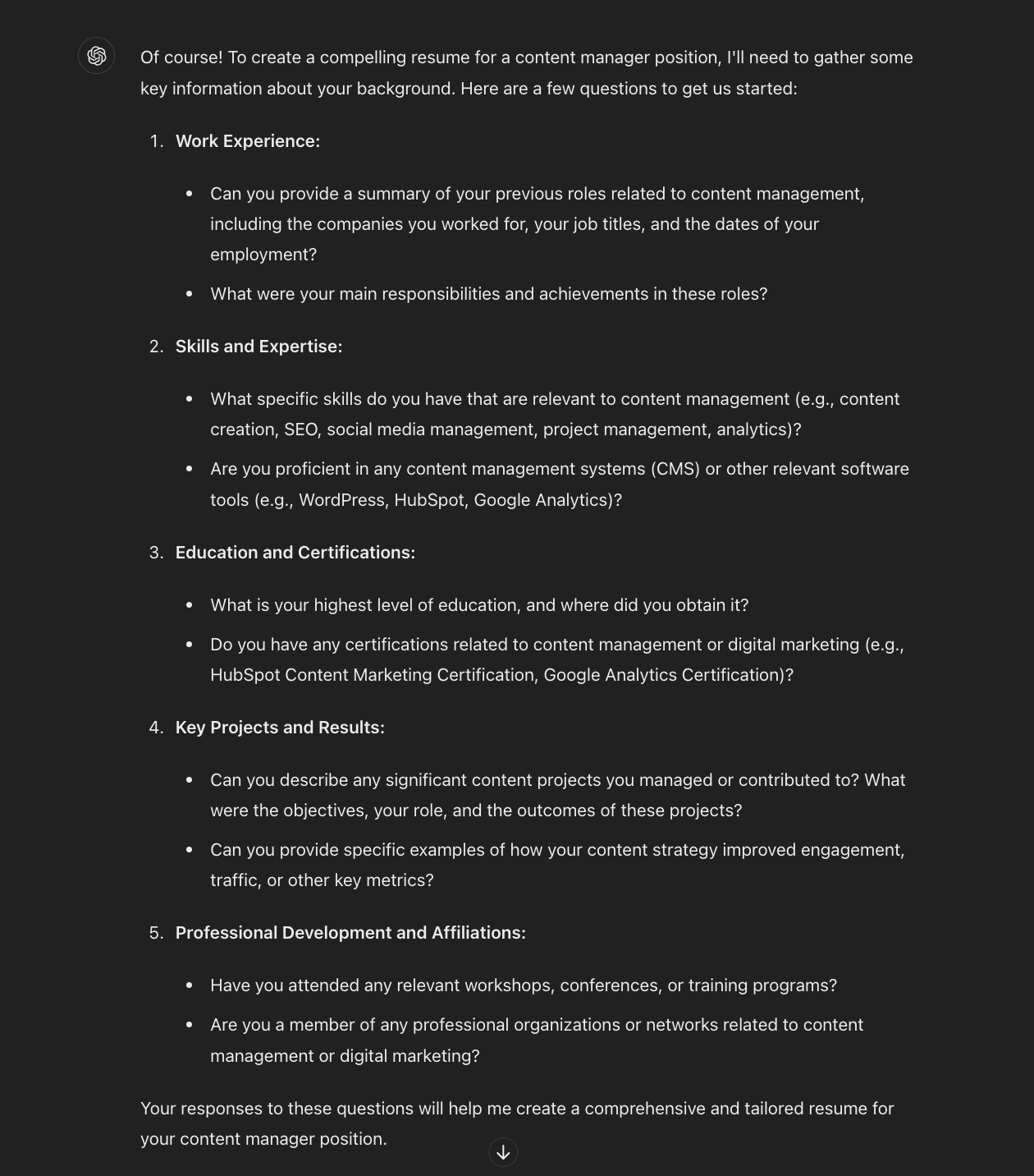 ChatGPT questions to answer for a ChatGPT resume output that aligns with your background