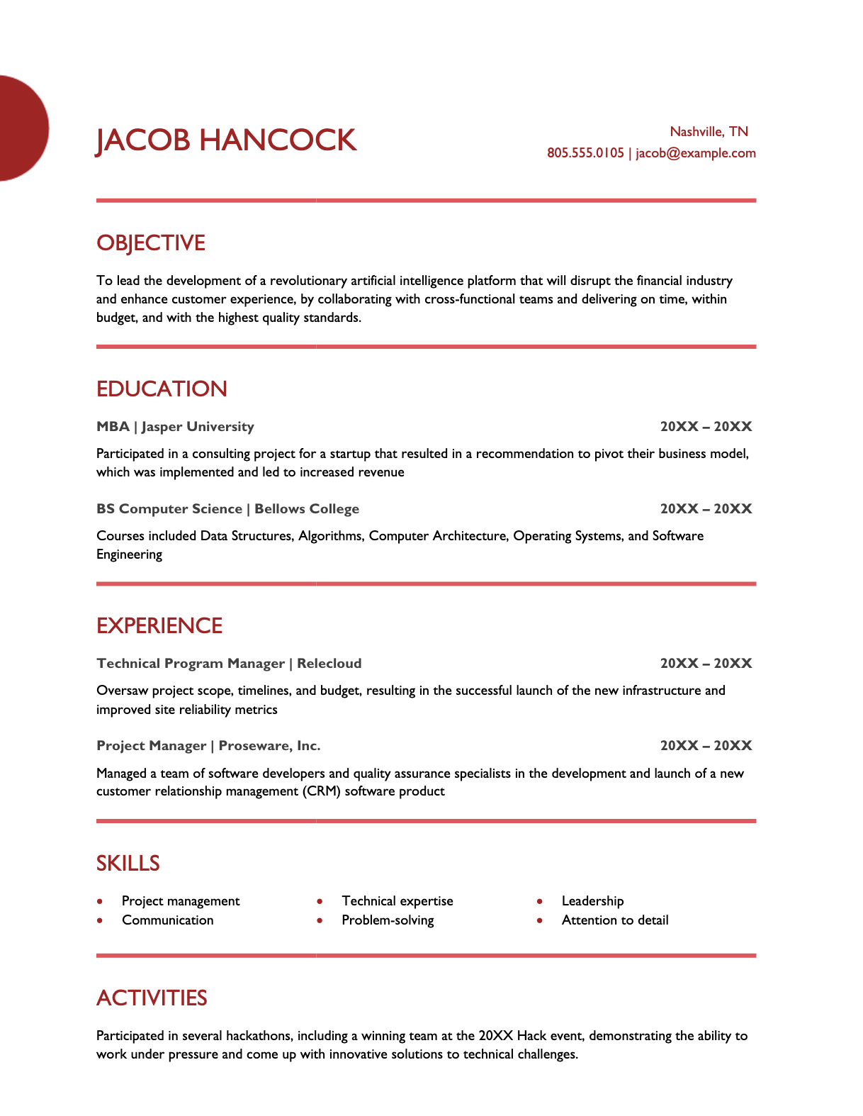 Project management resume template