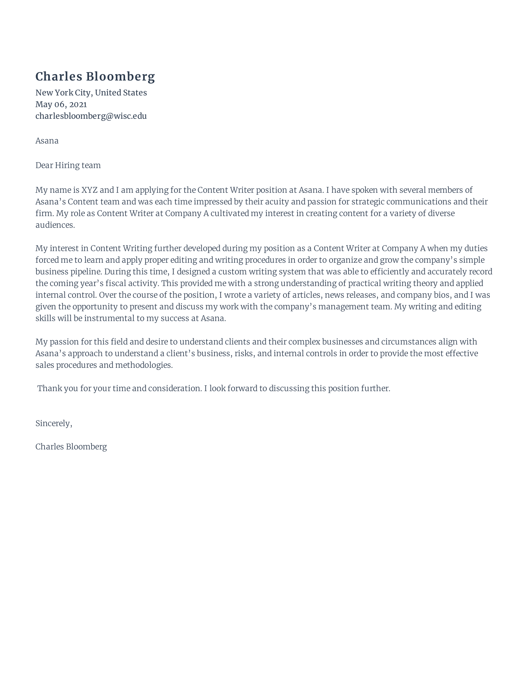 Content Writer Cover Letter
