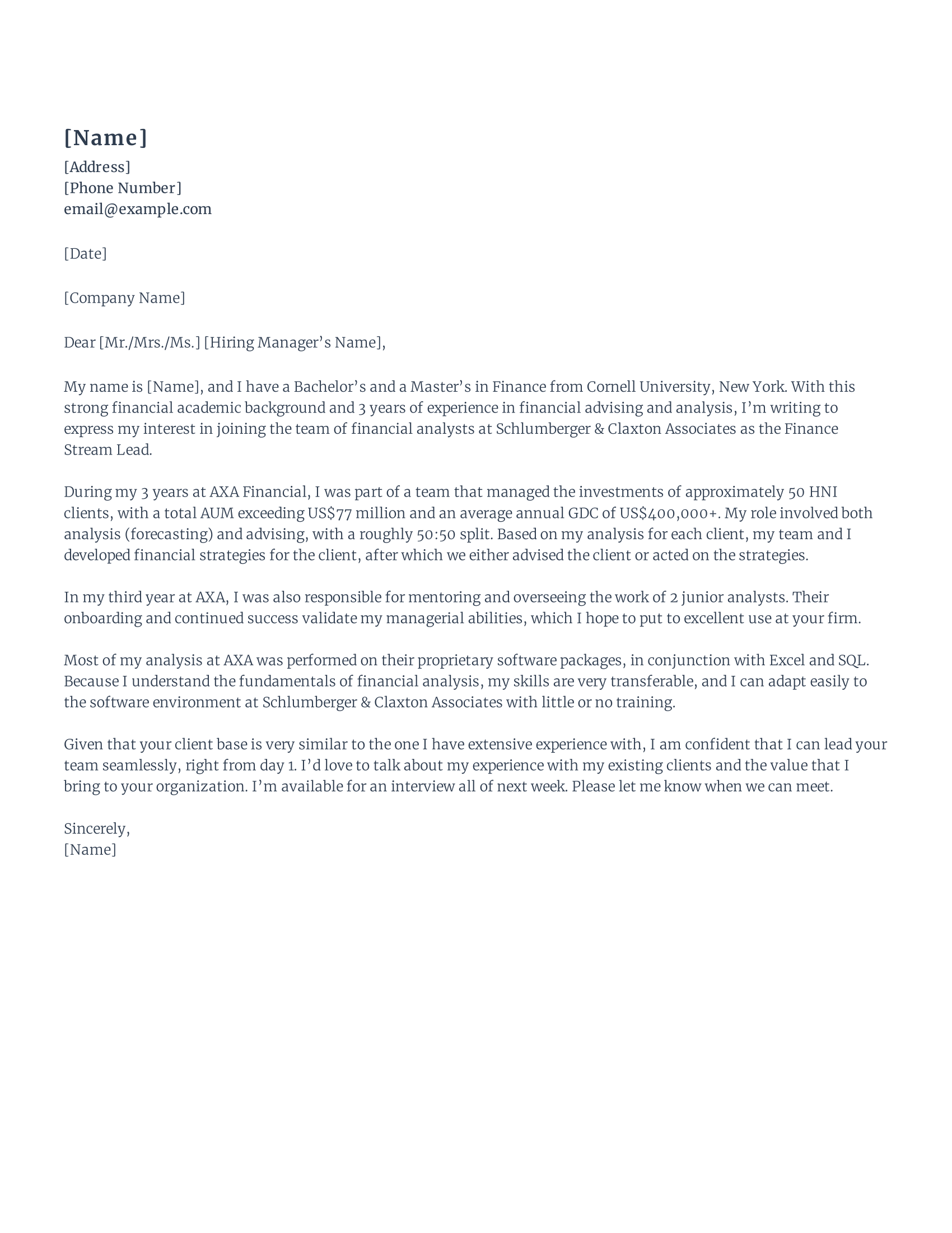 Finance Cover Letter