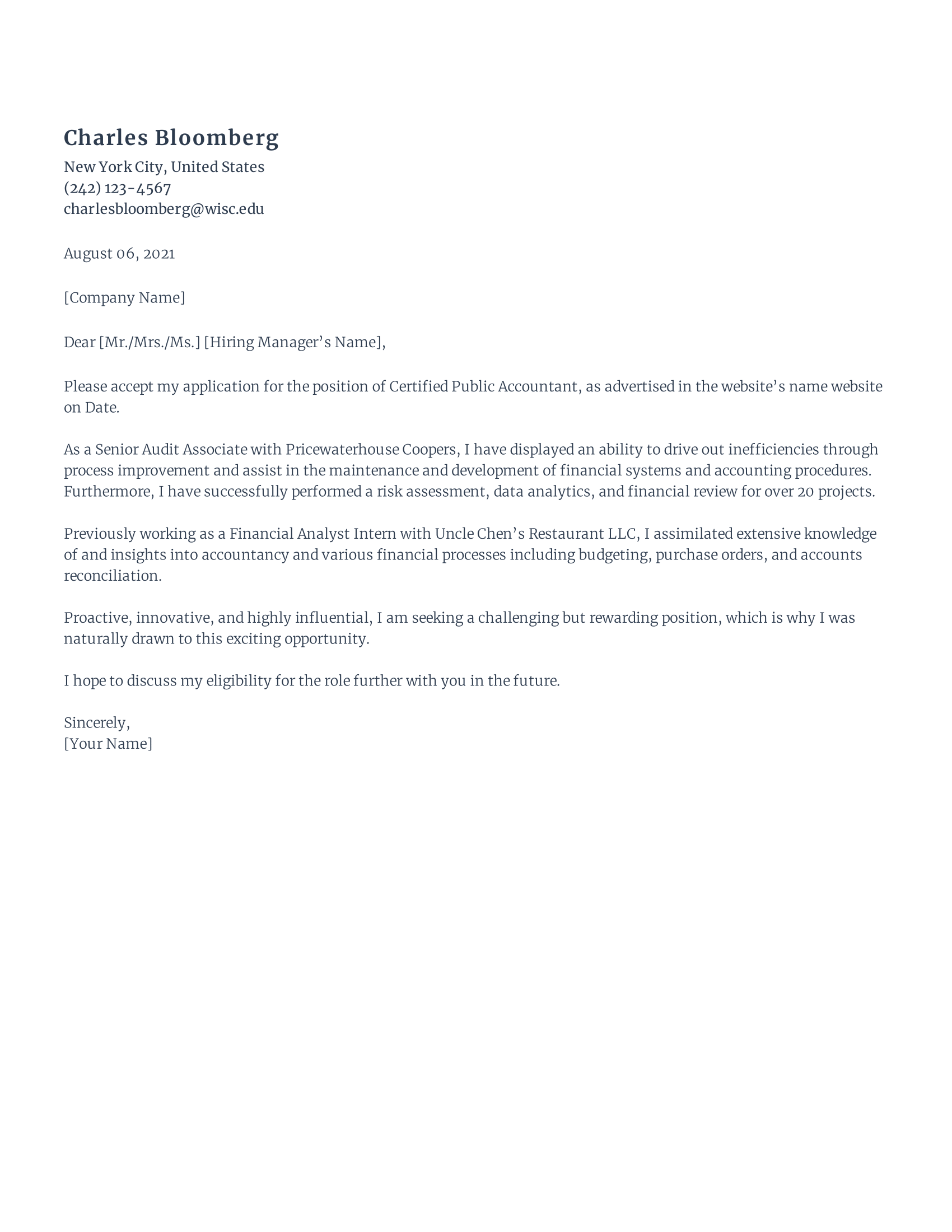 Certified Public Accountant Cover Letter