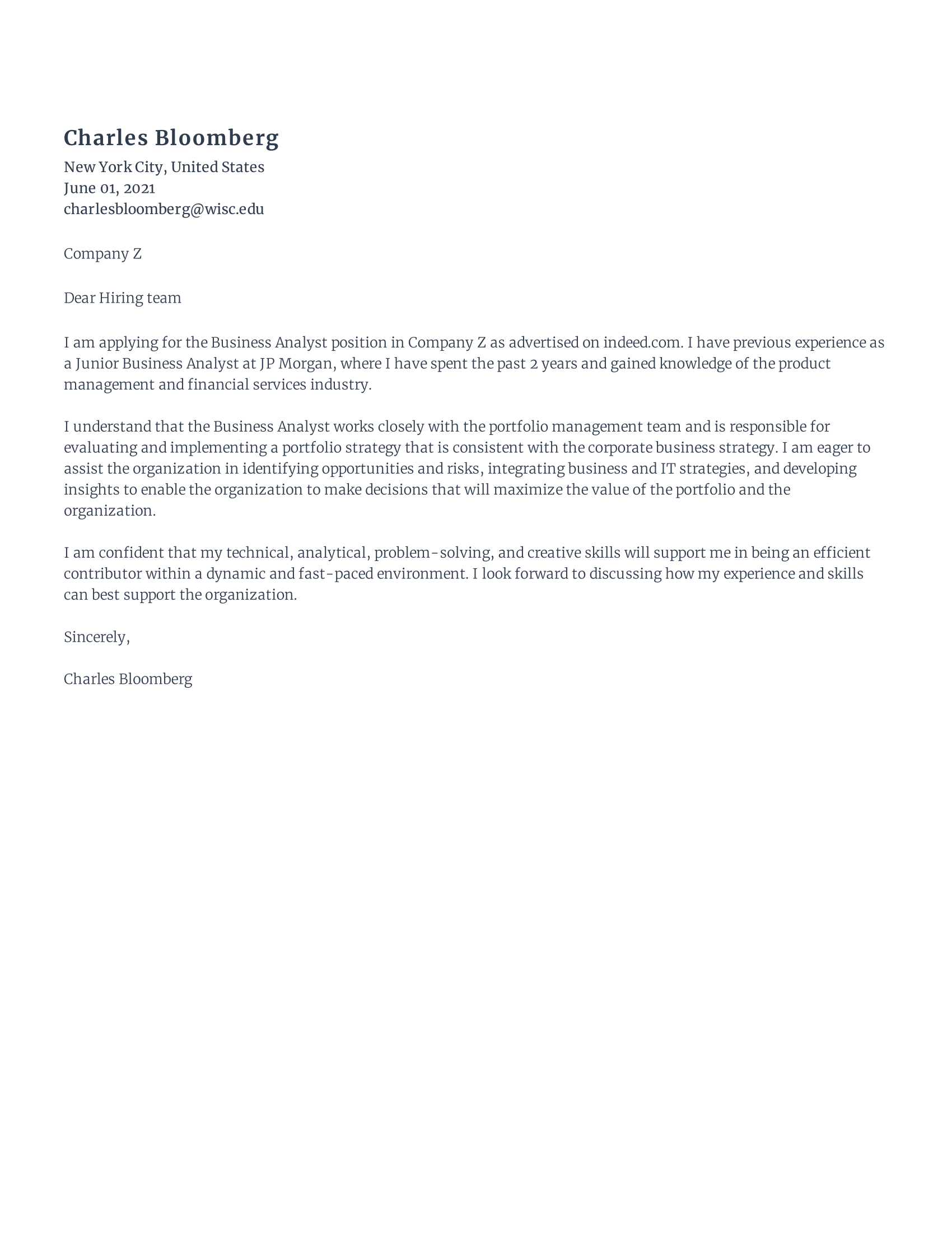Business Analyst Cover Letter