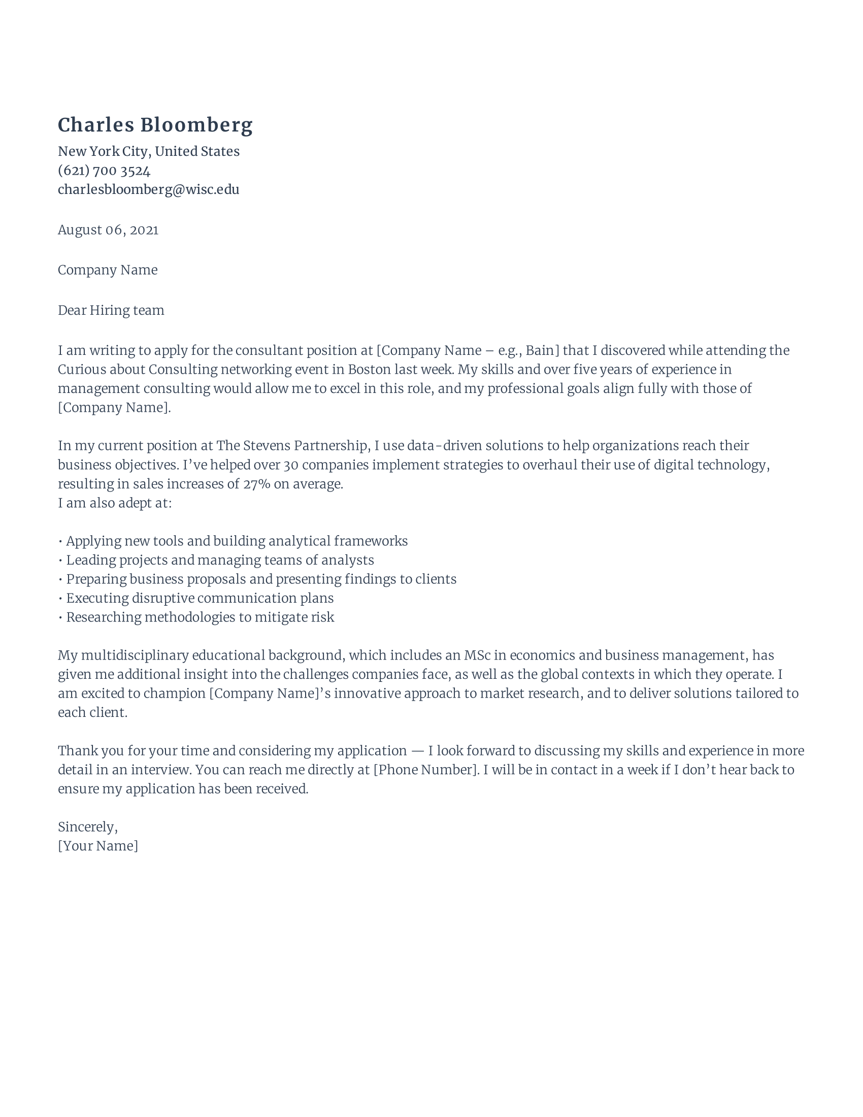 Consultant Cover Letter