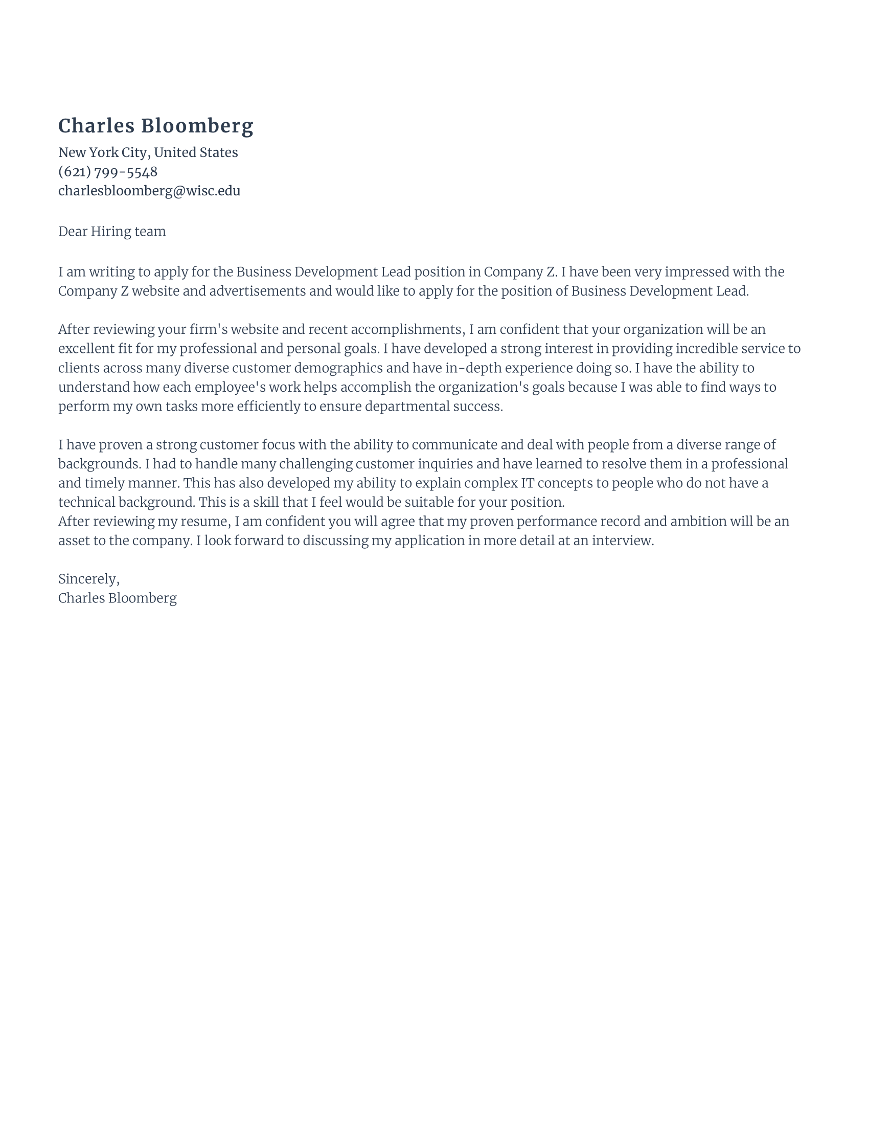 Business Development Cover Letter