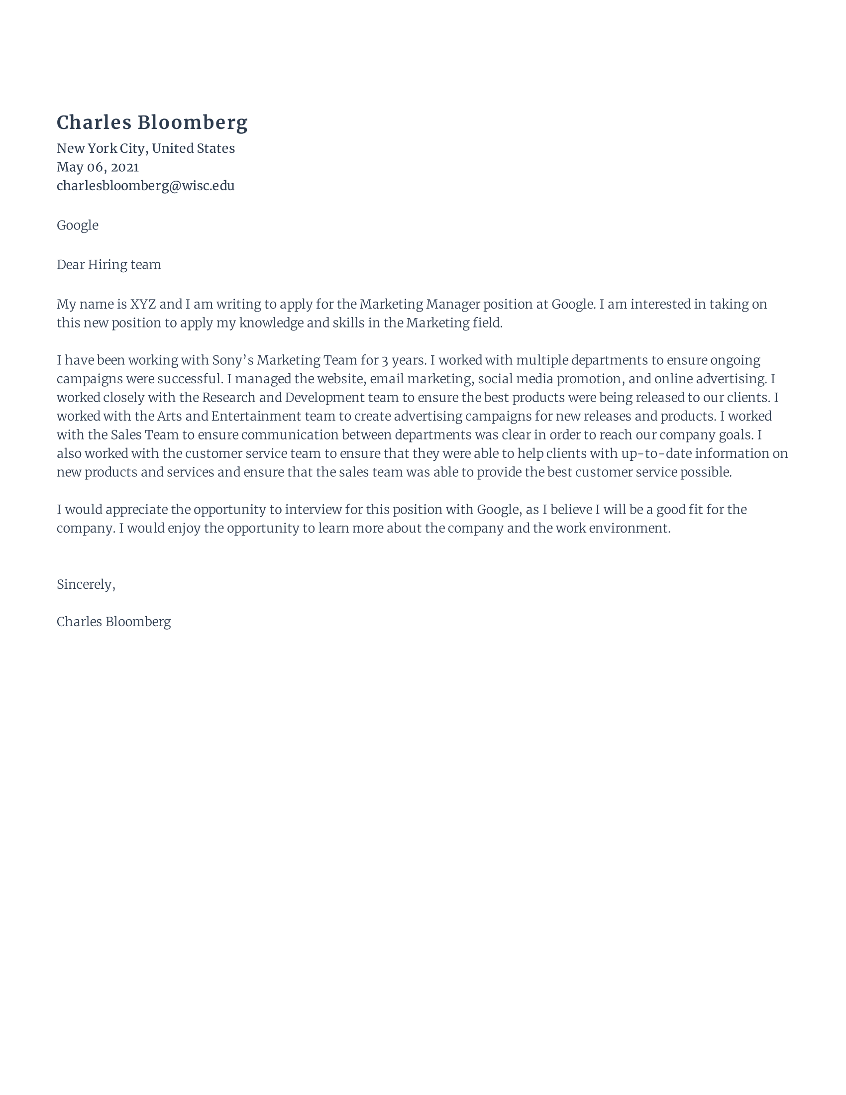 Digital Marketing Cover Letter