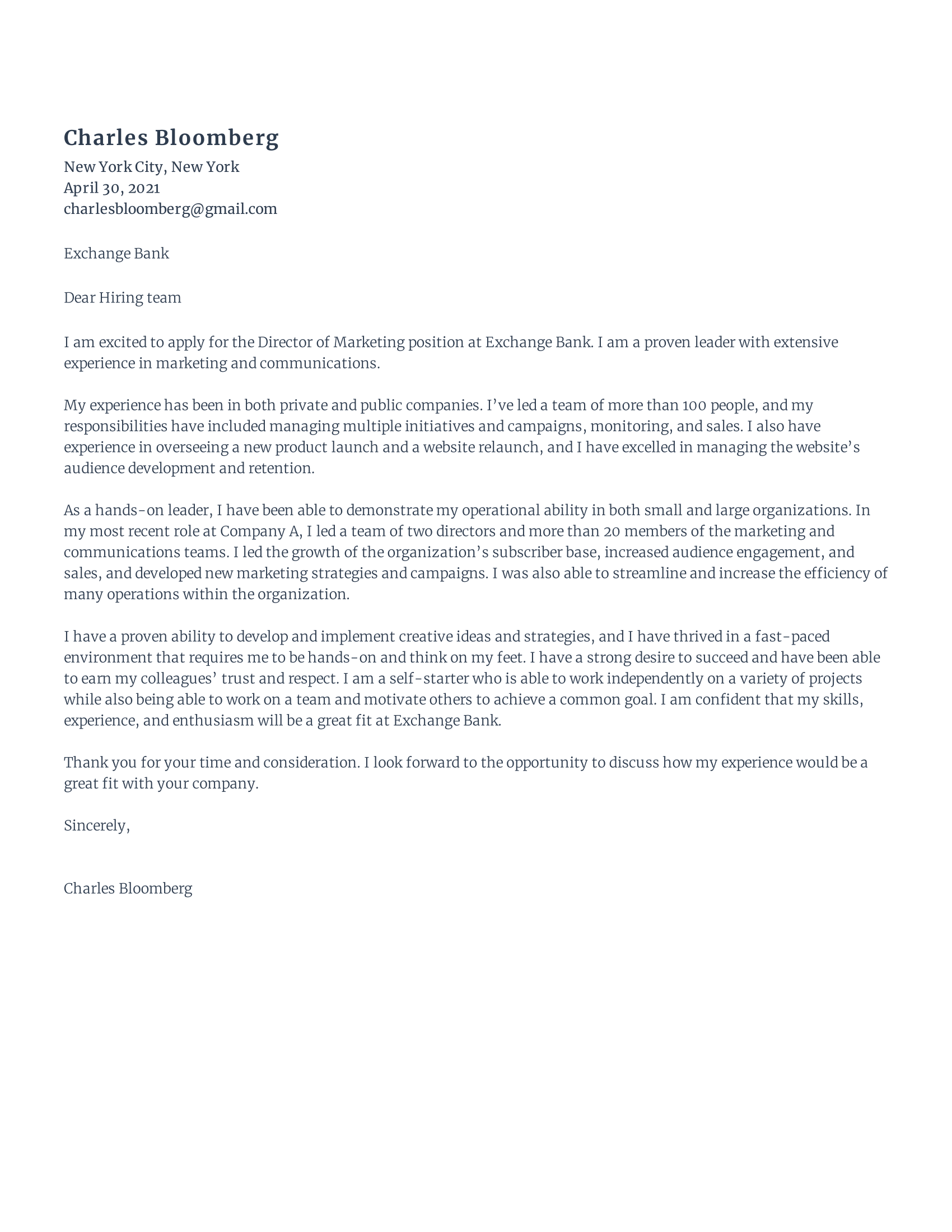 Director of Marketing Cover Letter