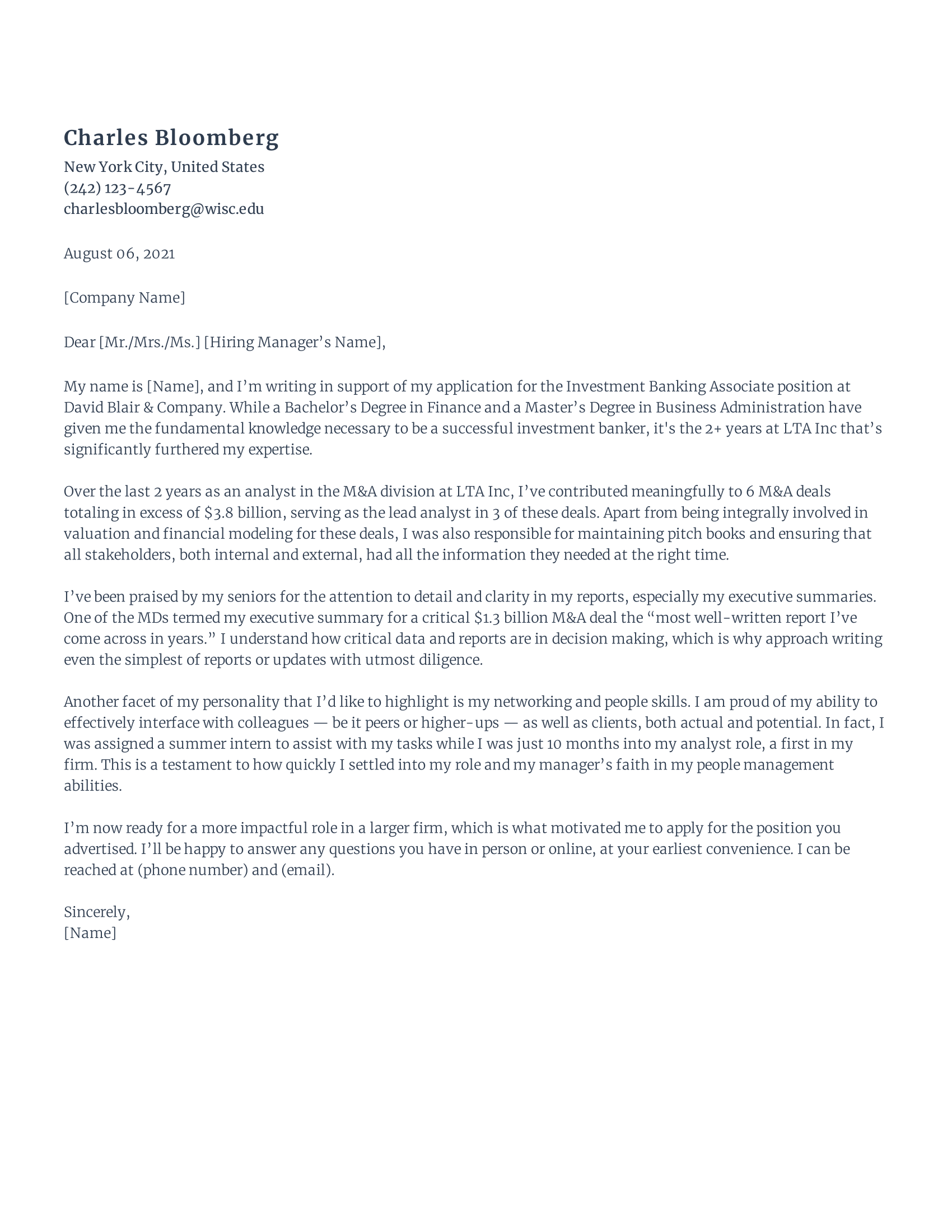 Investment Banker Cover Letter