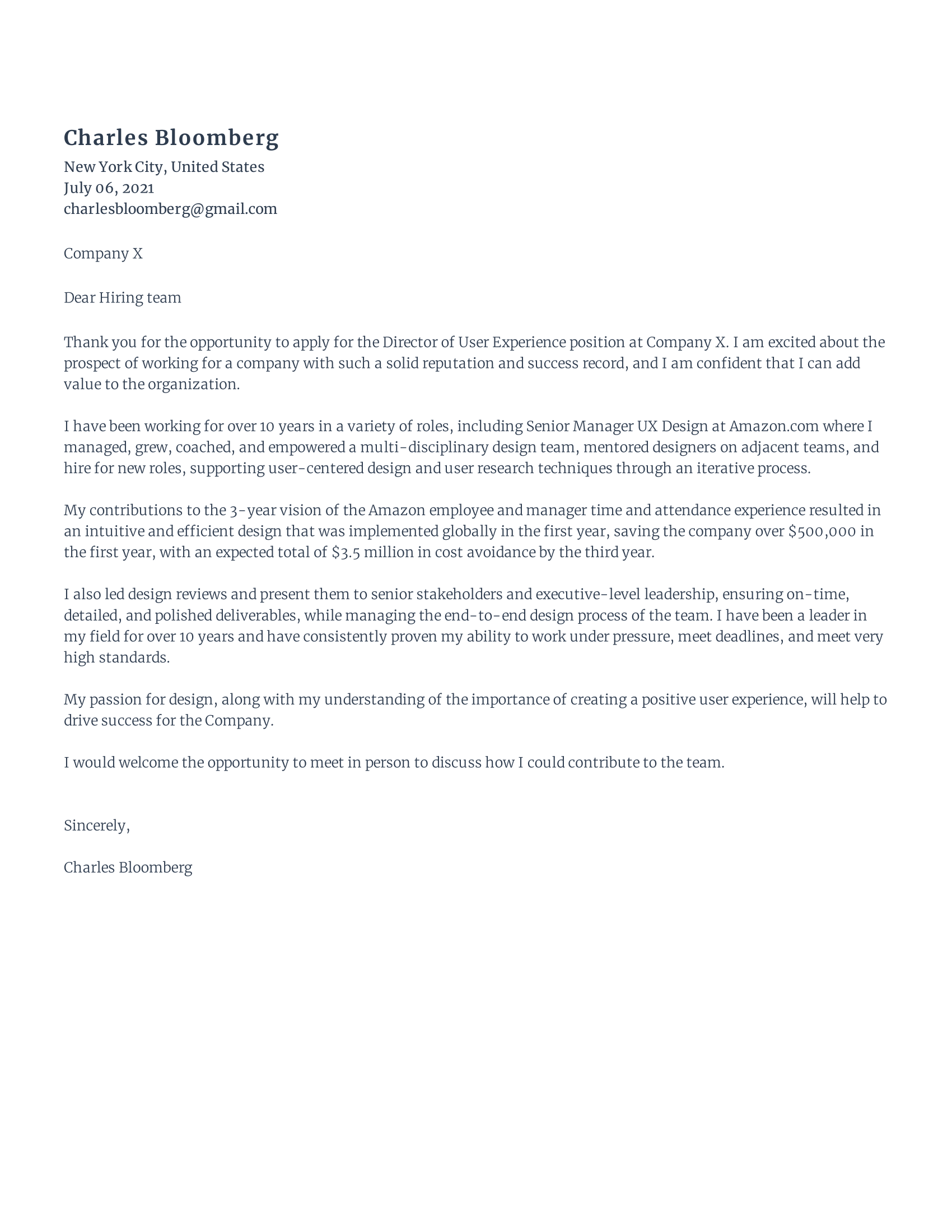 User Experience Designer Cover Letter
