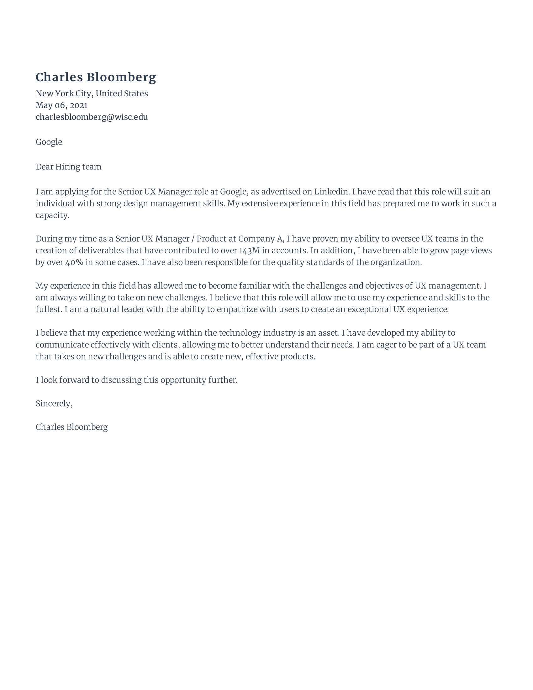 Senior UX Manager Cover Letter