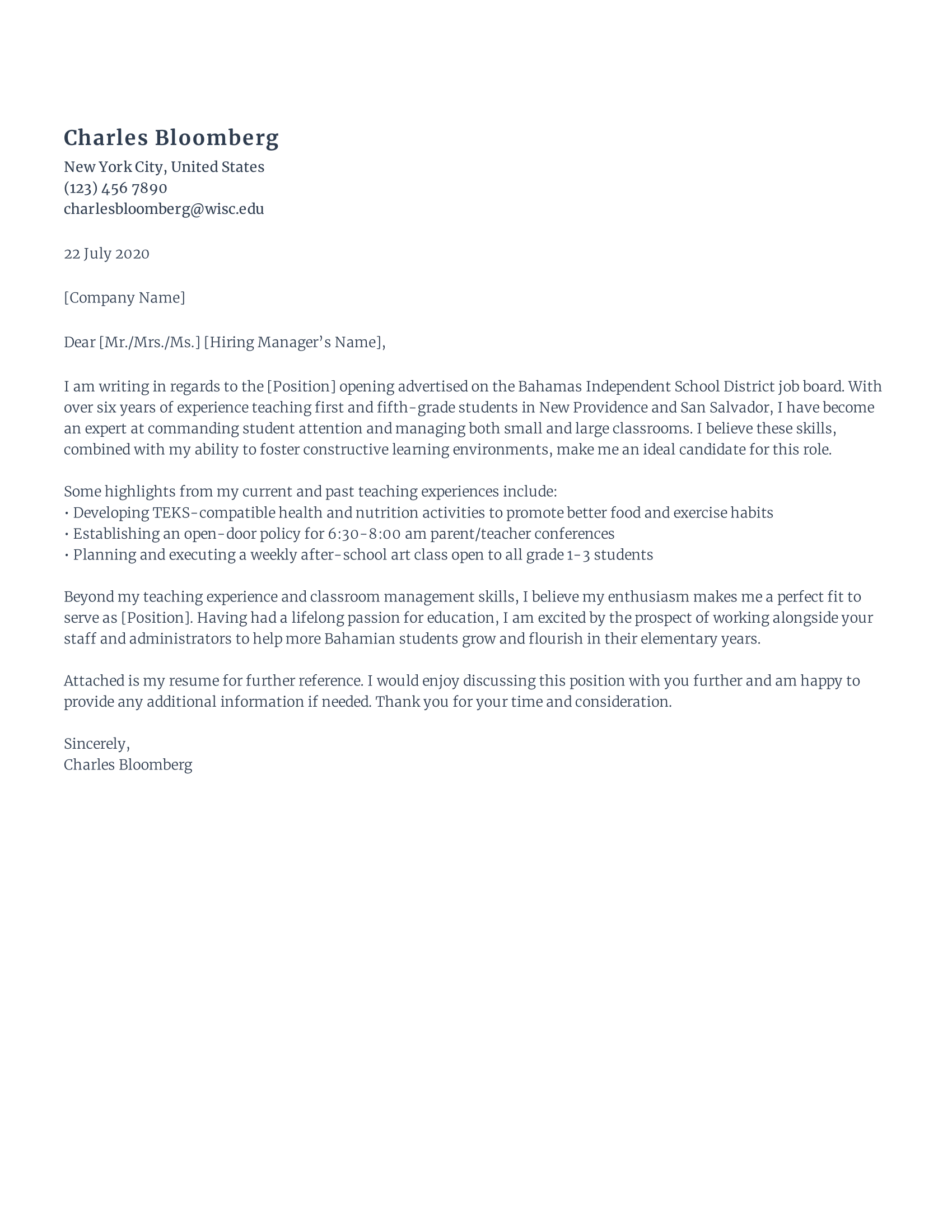 Primary school teacher cover letter