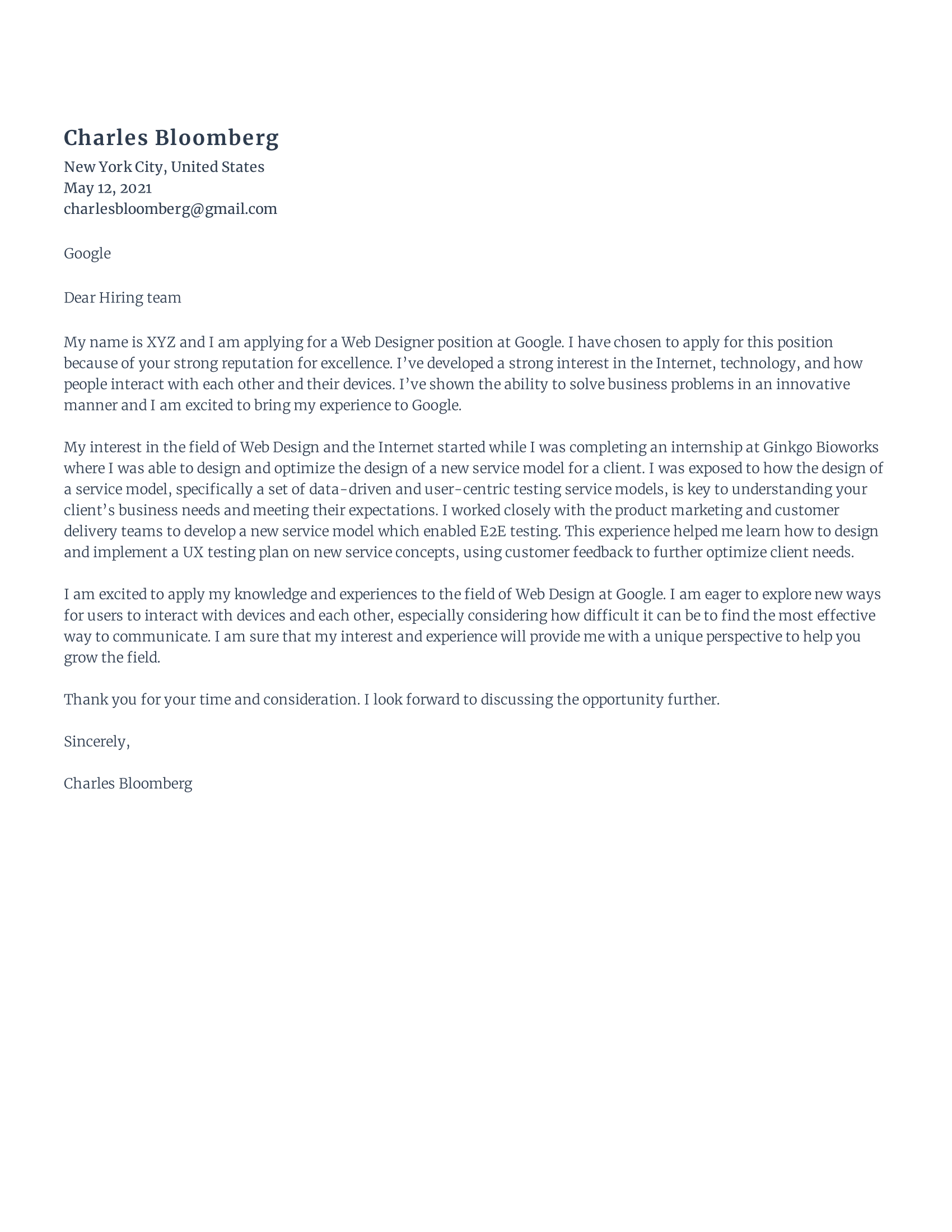 Web Designer Cover Letter