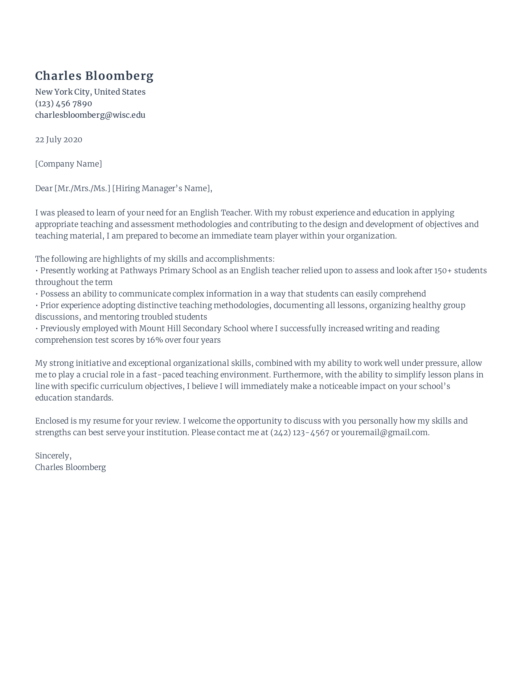Teacher cover letter