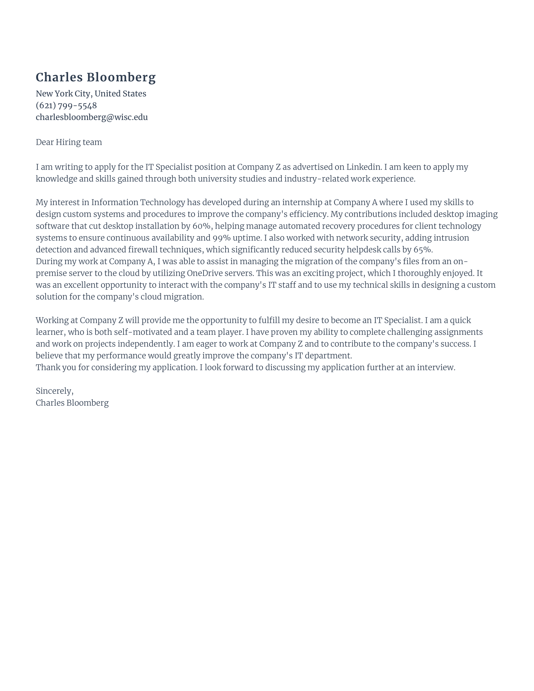 IT Specialist cover letter