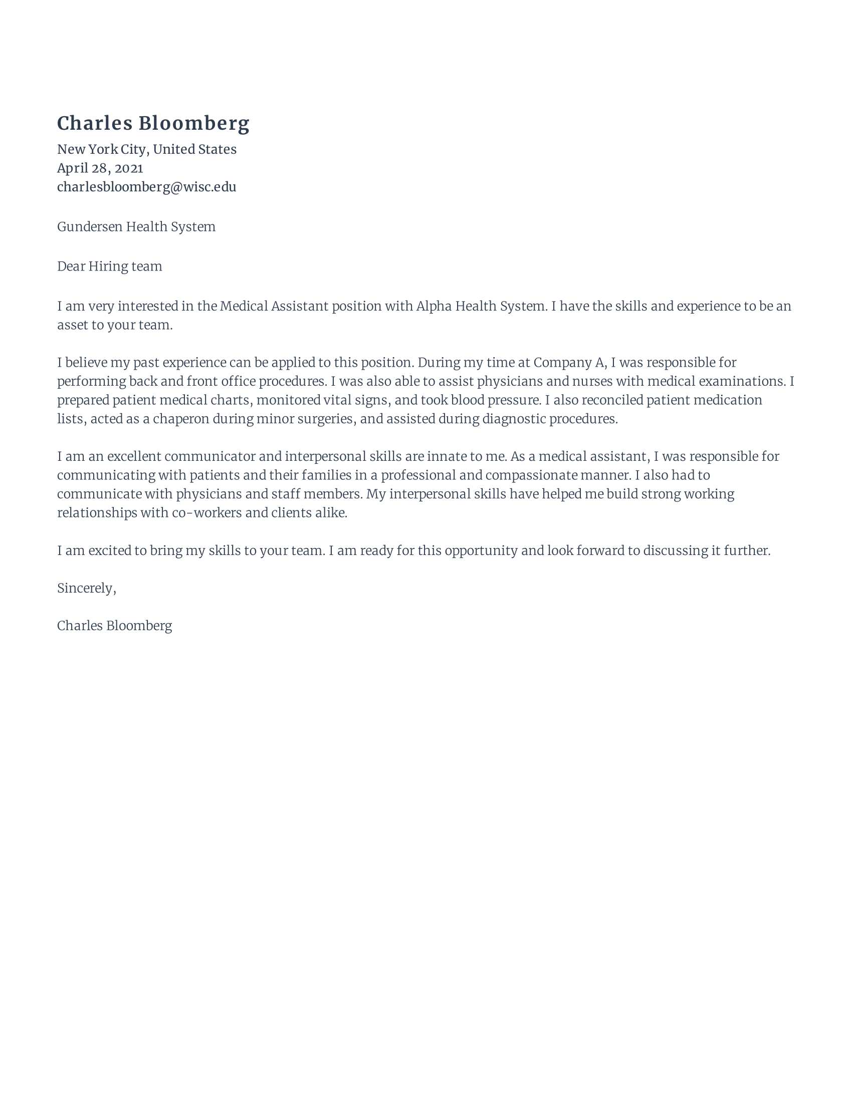 Medical assistant cover letter