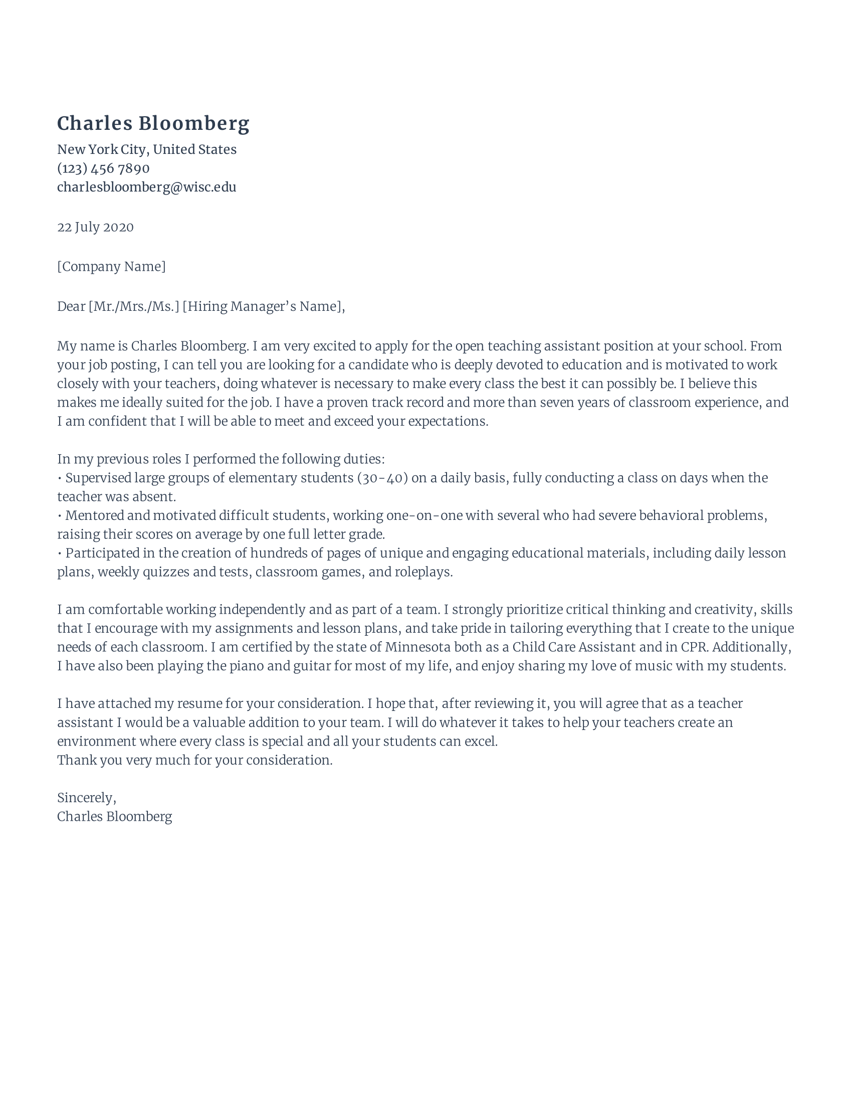 Teacher assistant cover letter