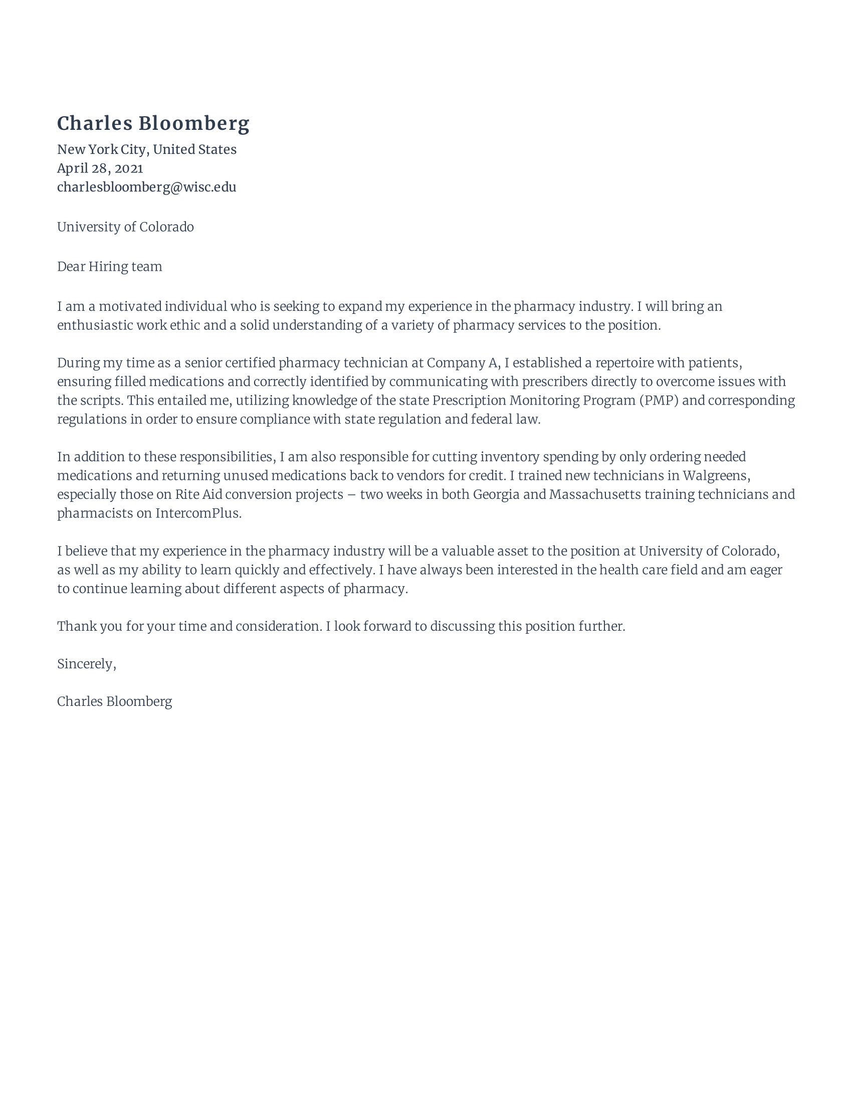 Pharmacy tech cover letter