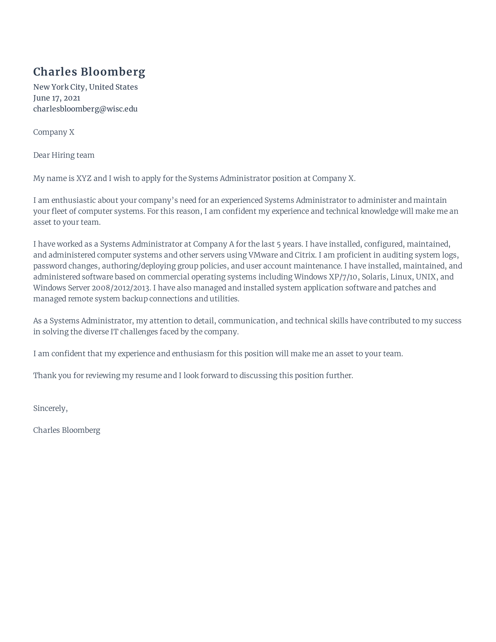 System administrator cover letter