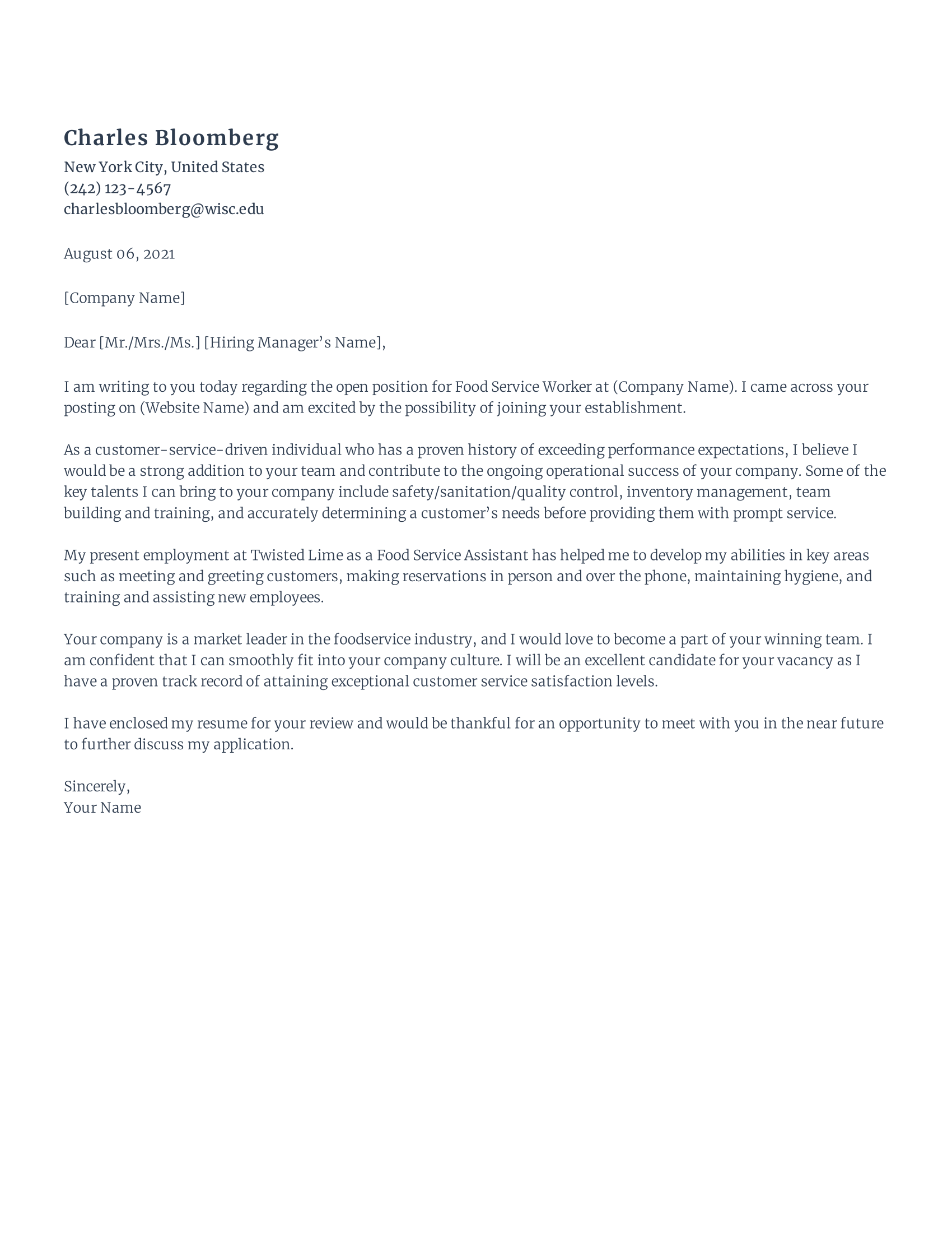 Wait staff (entry level) cover letter