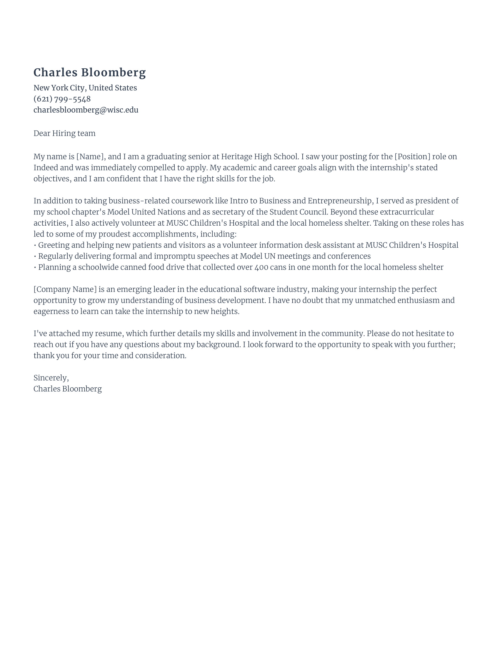 High school student cover letter