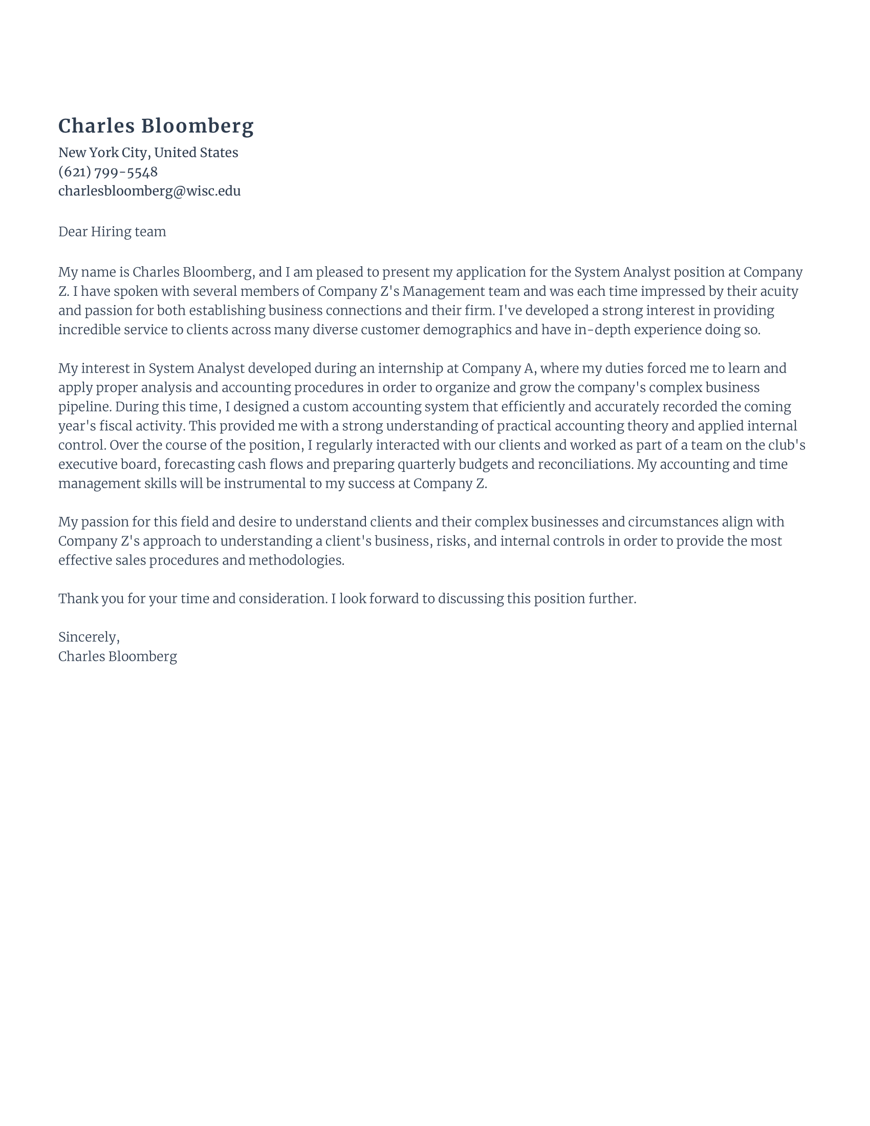 Entry level system analyst cover letter