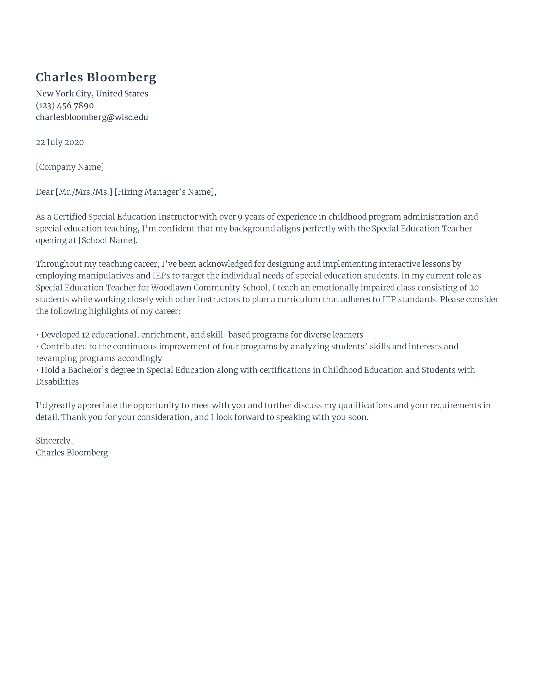 Special education teacher cover letter